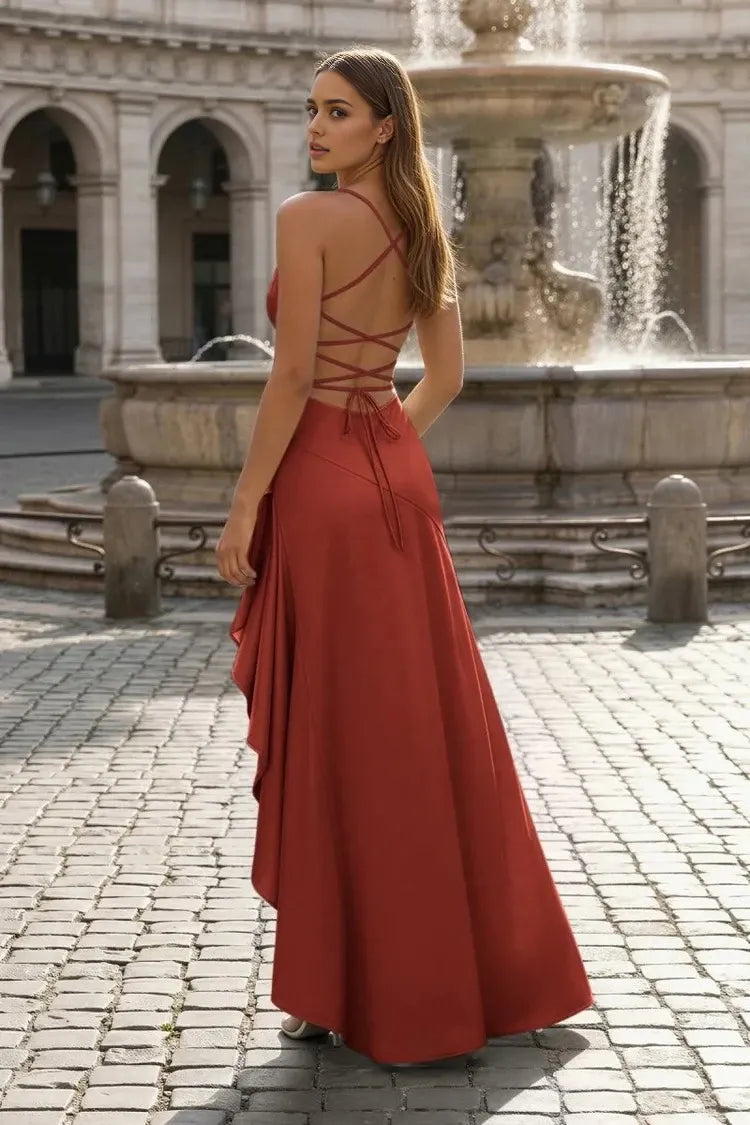 Elegant A-Line Cowl Neck Sleeveless Lace-Up-Back High-Low Prom Dress