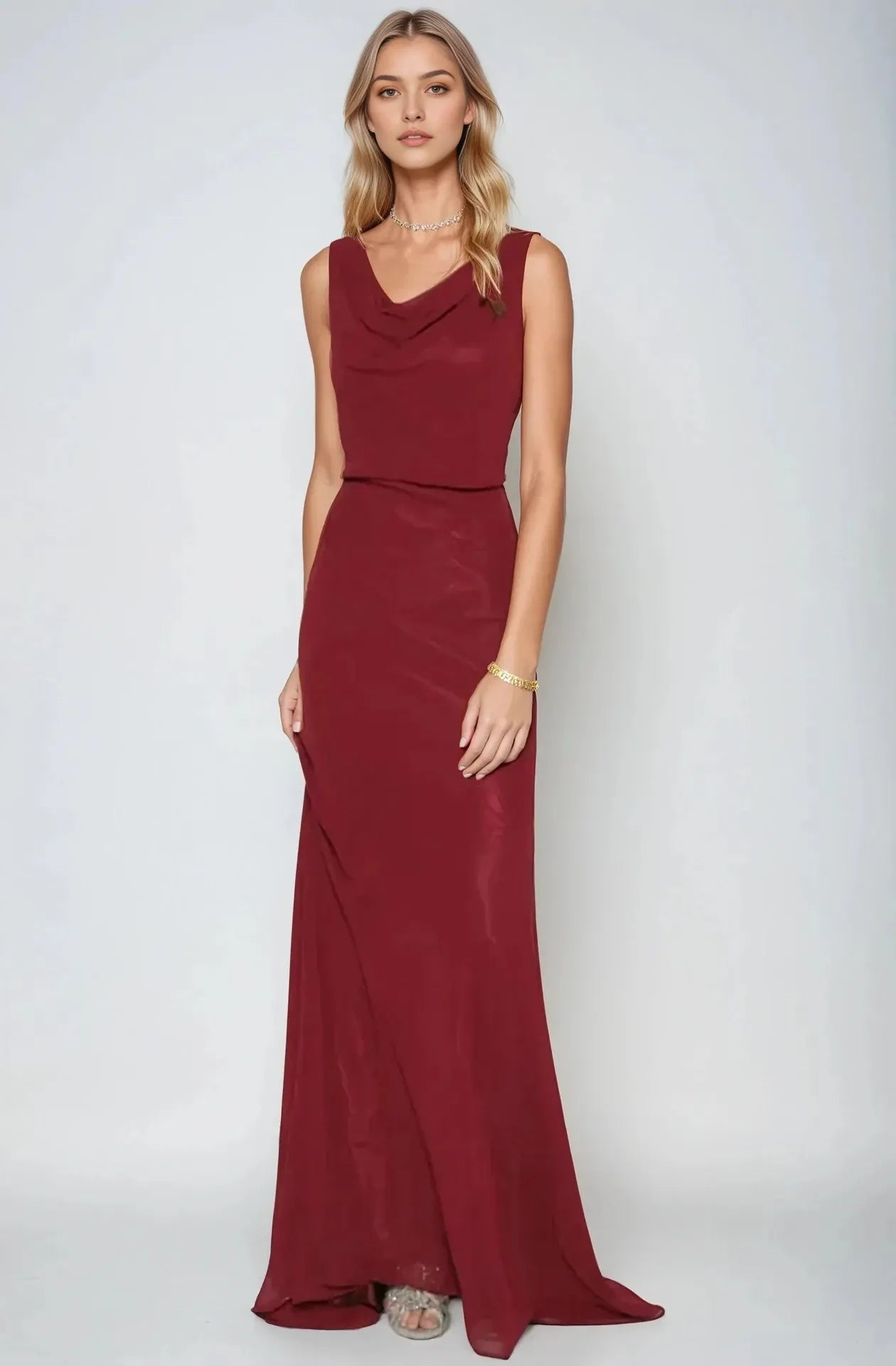 Elegant A-Line Cowl Neck Sleeveless Open Back Train Floor Length Prom Dress