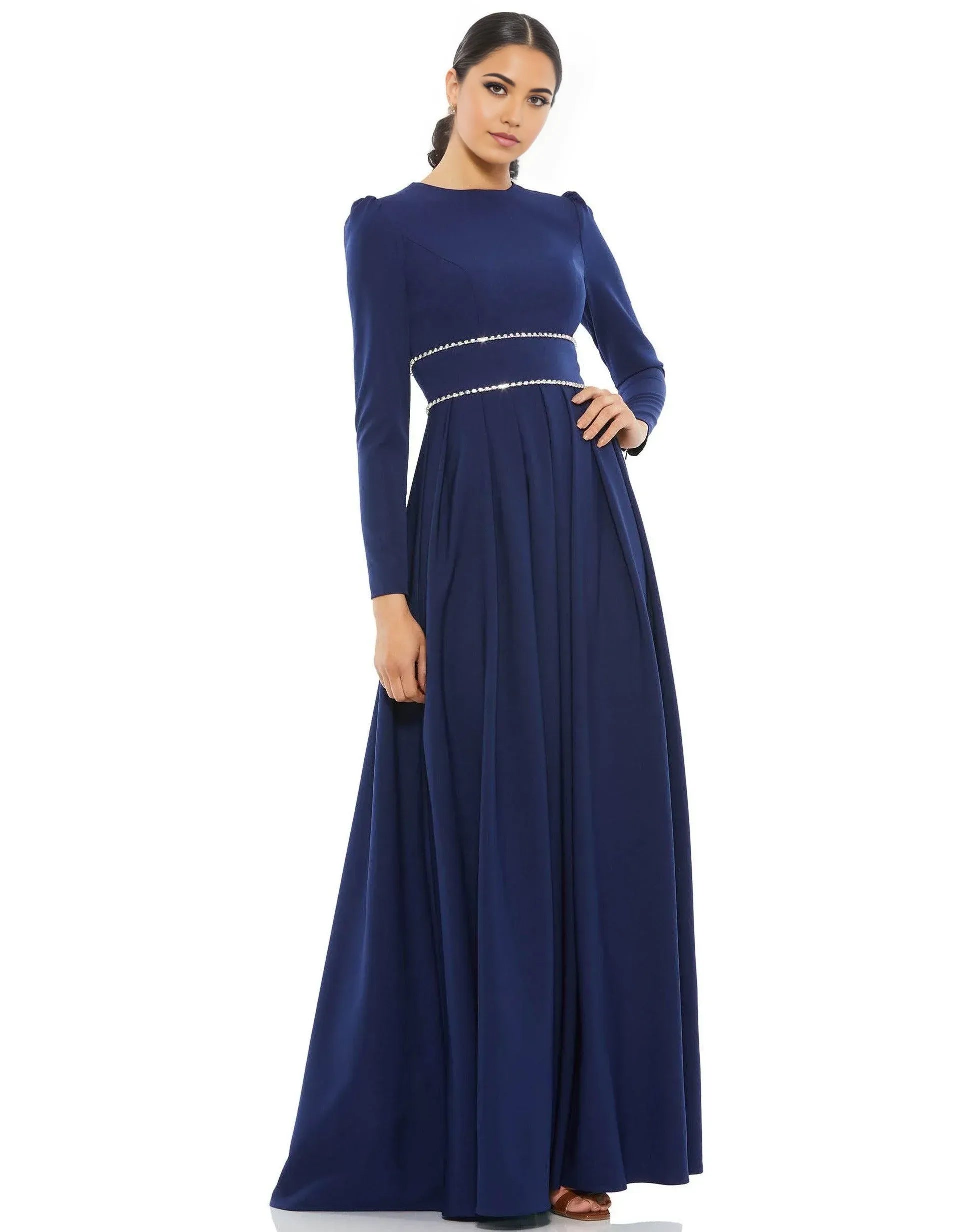 Elegant A-Line Crew Neck Long Sleeve Embellished Back Floor Length Prom Dress