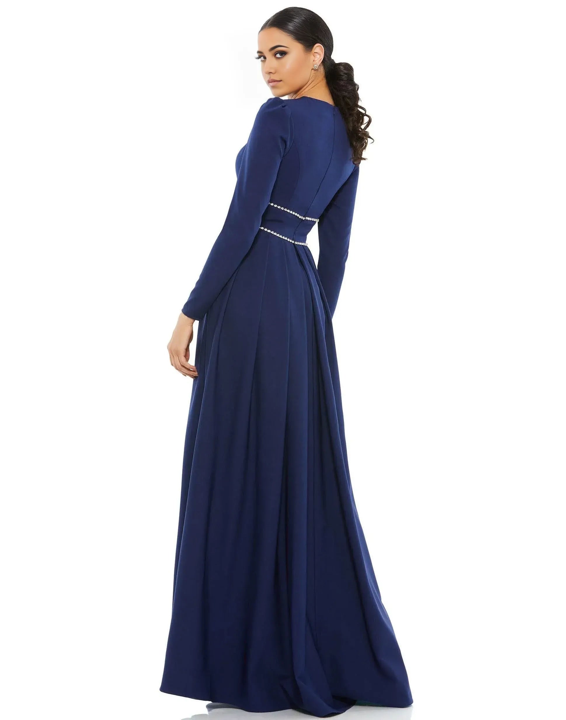 Elegant A-Line Crew Neck Long Sleeve Embellished Back Floor Length Prom Dress