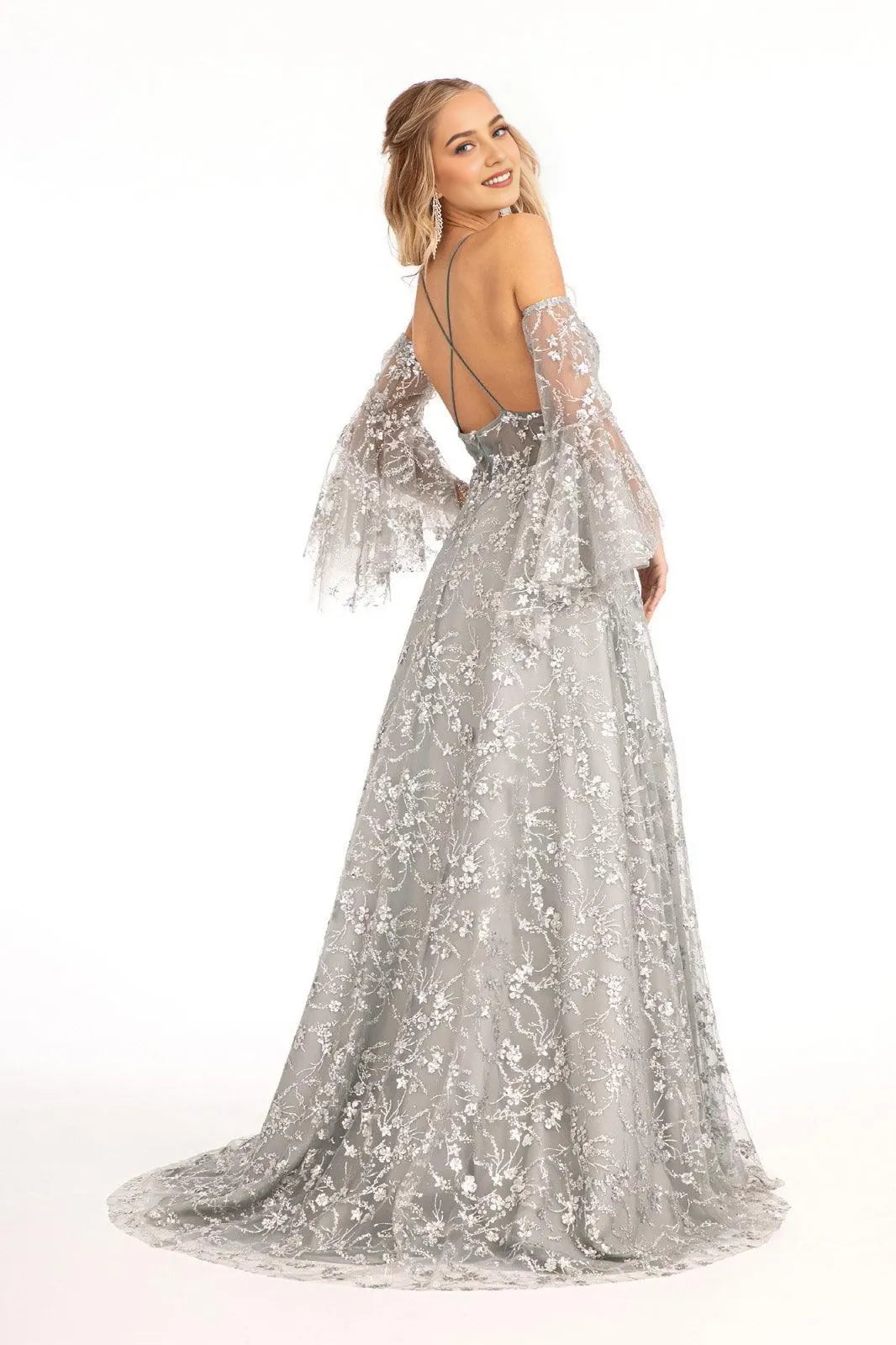 Elegant A-Line Halter Bell-Sleeve Open-Back Floor-Length Embroidered Prom Dress