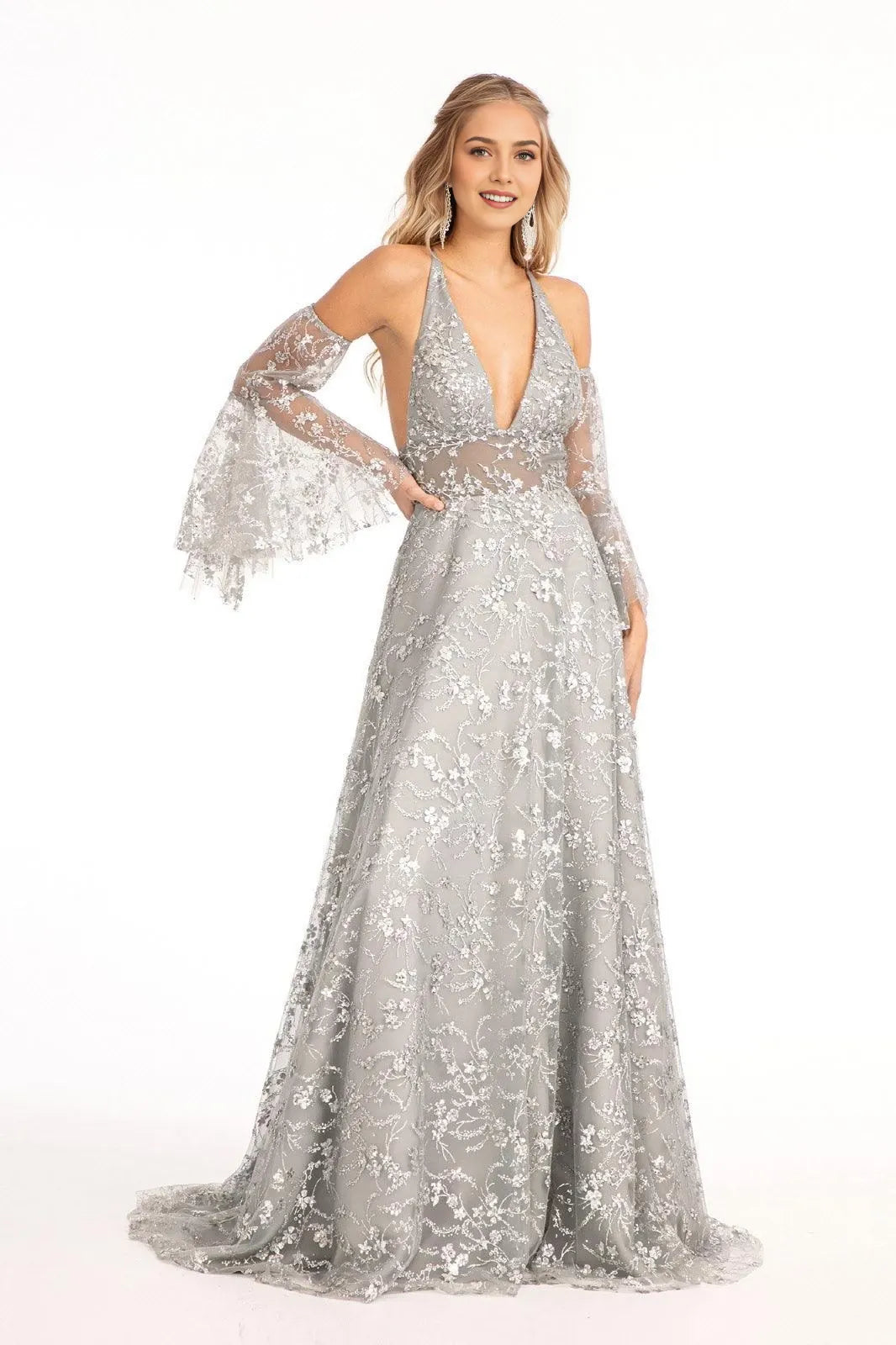 Elegant A-Line Halter Bell-Sleeve Open-Back Floor-Length Embroidered Prom Dress