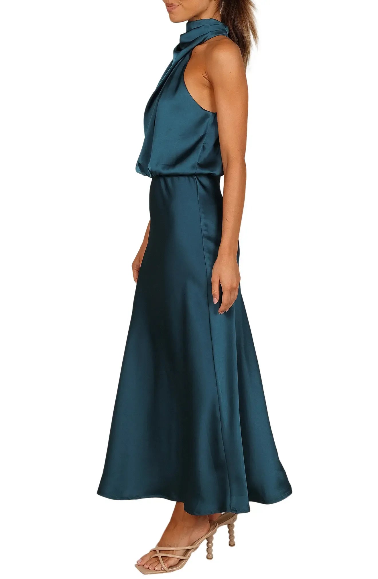 Elegant A Line Halter Neck Sleeveless Ruched Back Midi Hot Sale Evening Dress