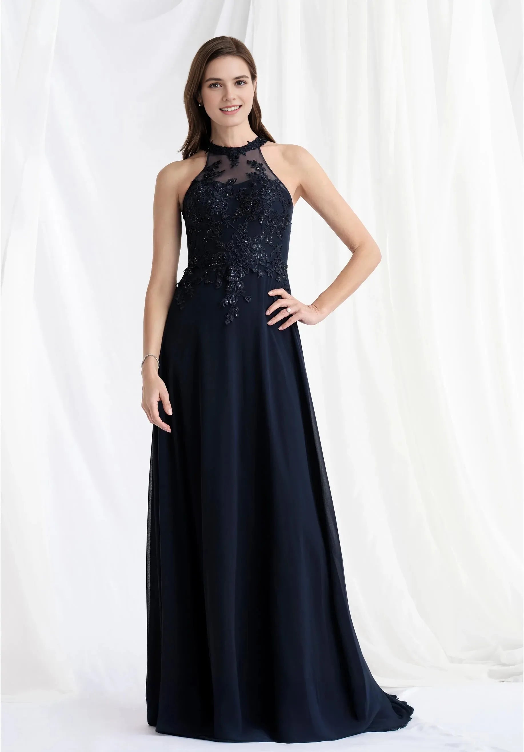 Elegant A-Line Halter Sleeveless Keyhole-Back Floor-Length Prom Dress