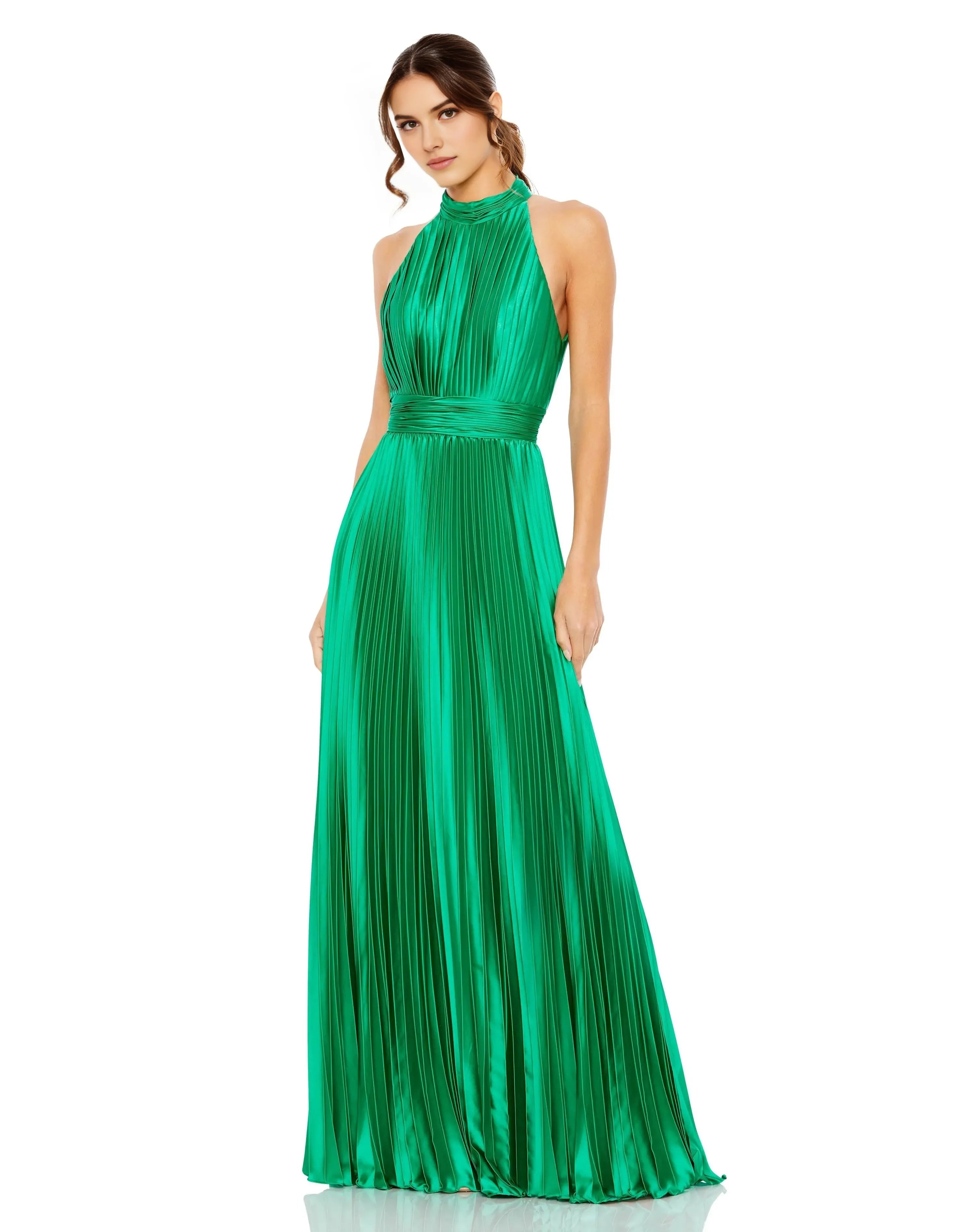 Elegant A-Line Halter Sleeveless Zipper-Back Floor-Length Pleated Prom Dress