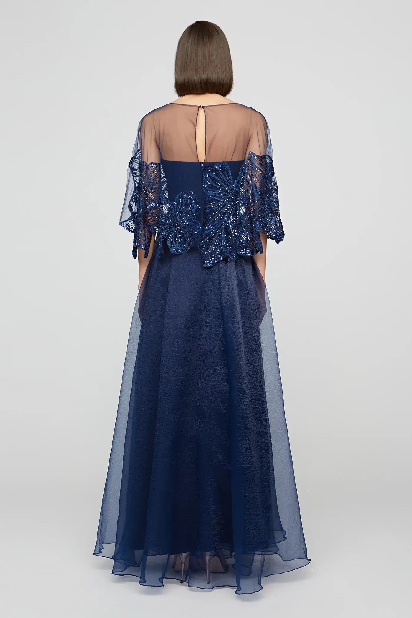 Elegant A Line Illusion Neck Embroidered Sleeve Keyhole Back Floor Length Prom Dress