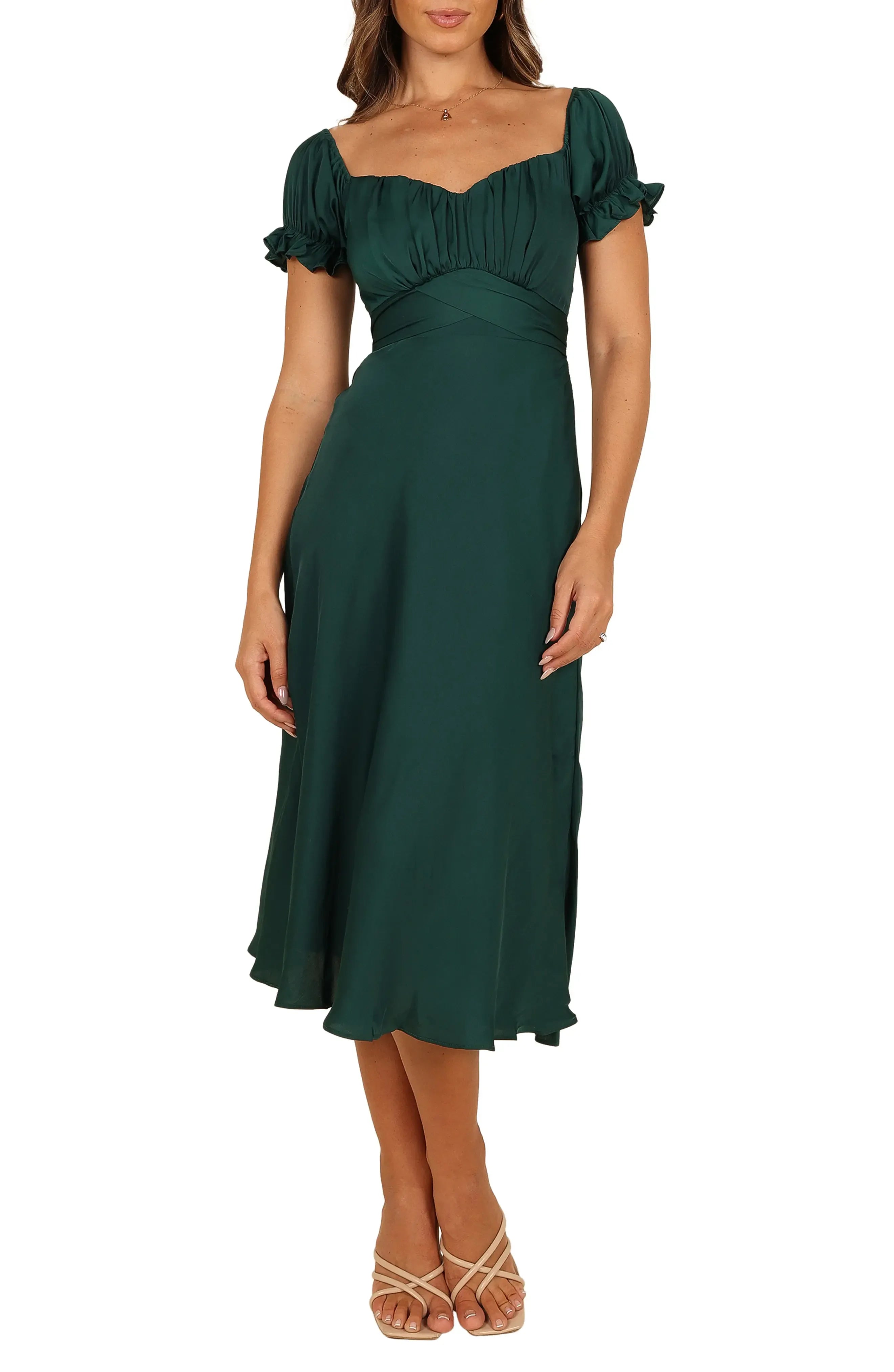 Elegant A Line Off Shoulder Ruffle Sleeve Back Tie Midi Evening Dress