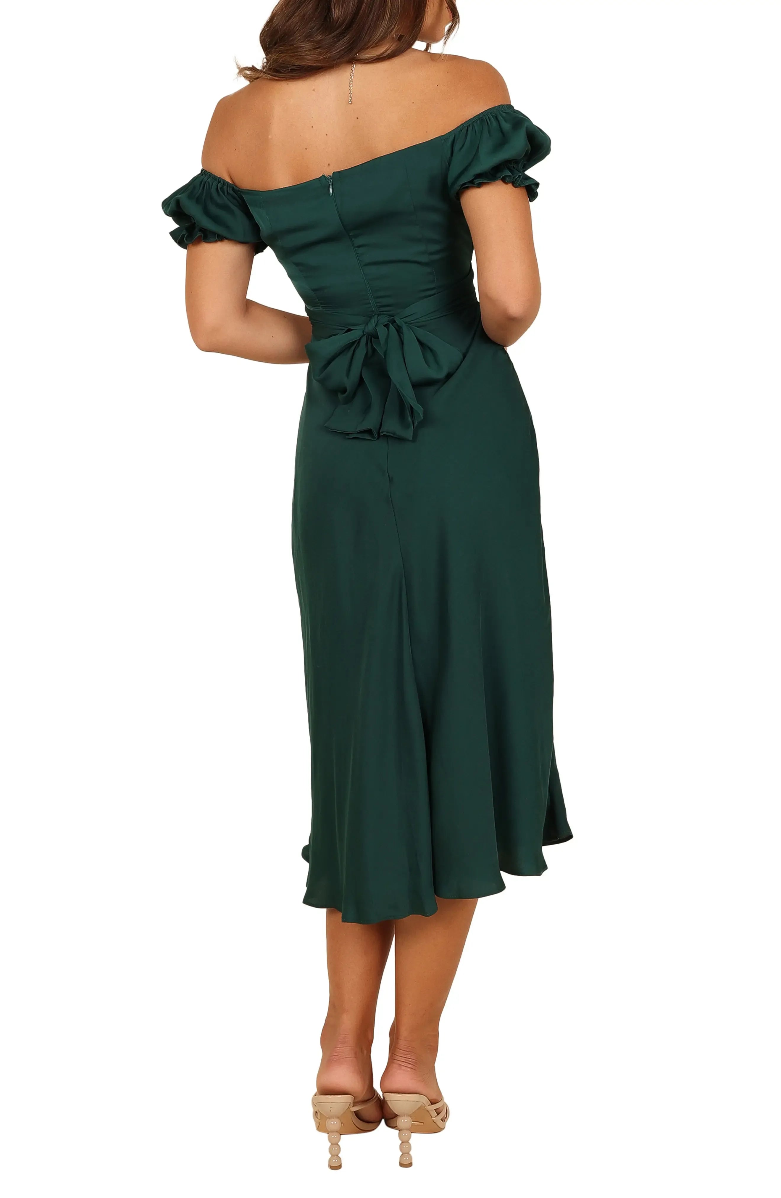 Elegant A Line Off Shoulder Ruffle Sleeve Back Tie Midi Evening Dress