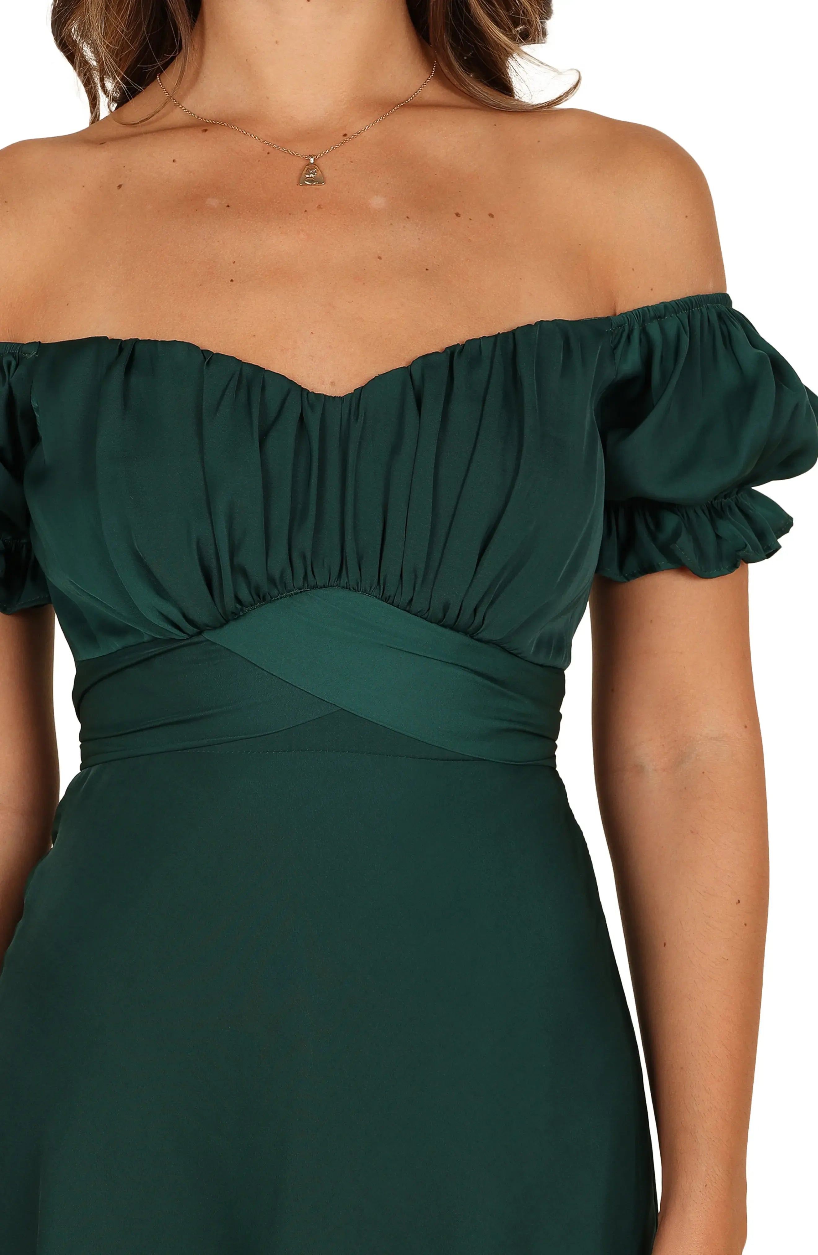 Elegant A Line Off Shoulder Ruffle Sleeve Back Tie Midi Evening Dress