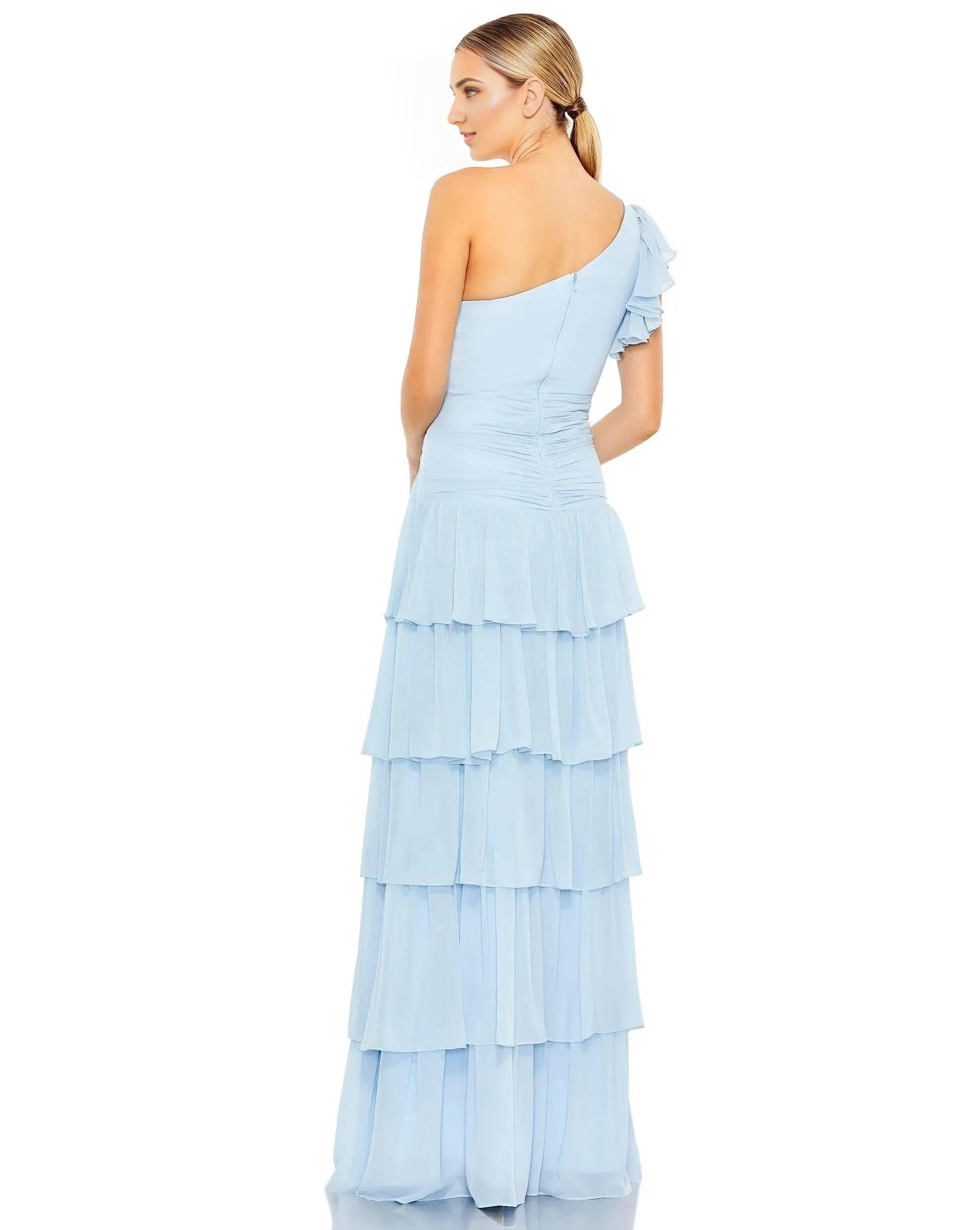 Elegant A-Line One Shoulder Ruffle Sleeve Zipper Back Floor Length Prom Dress