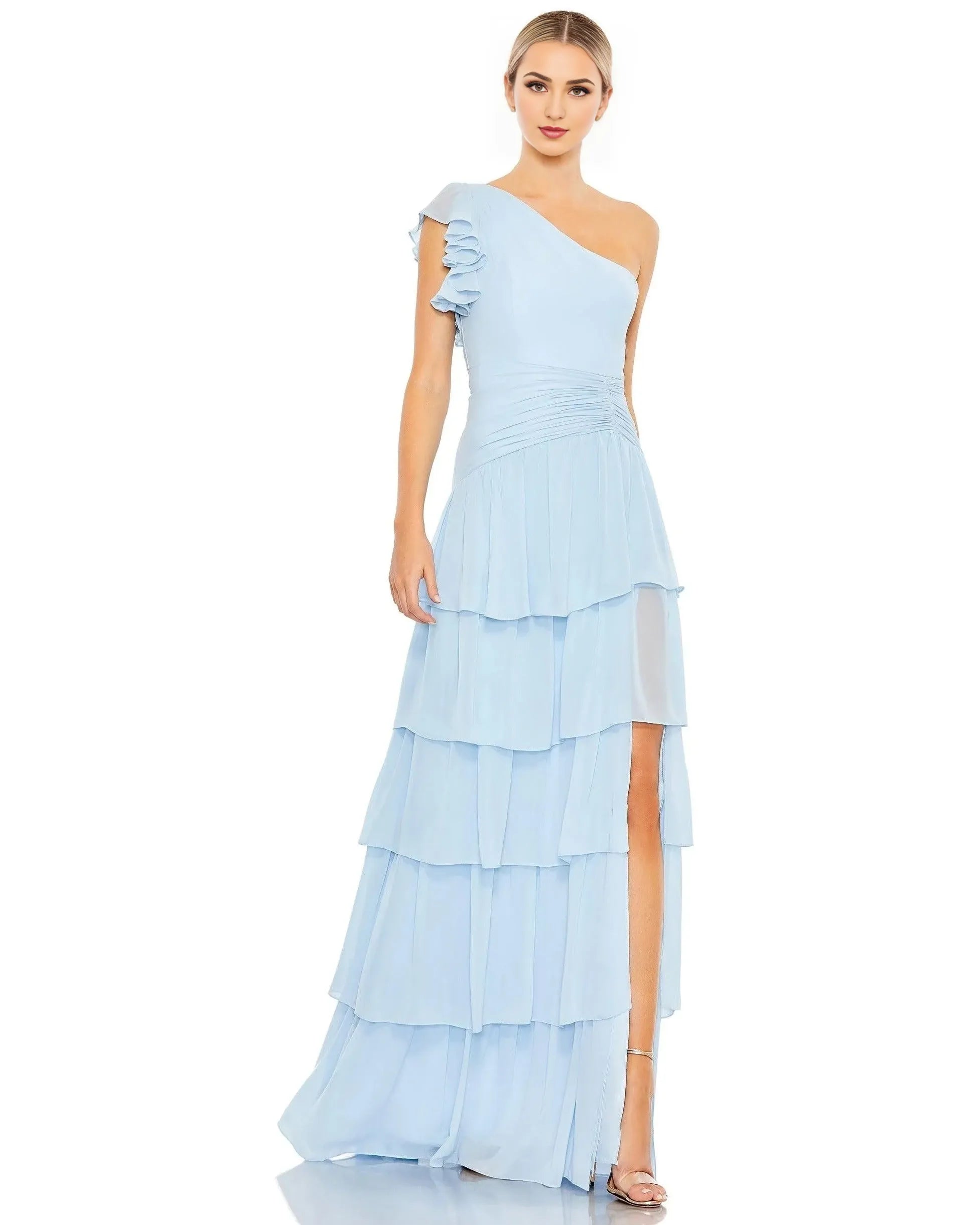 Elegant A-Line One Shoulder Ruffle Sleeve Zipper Back Floor Length Prom Dress