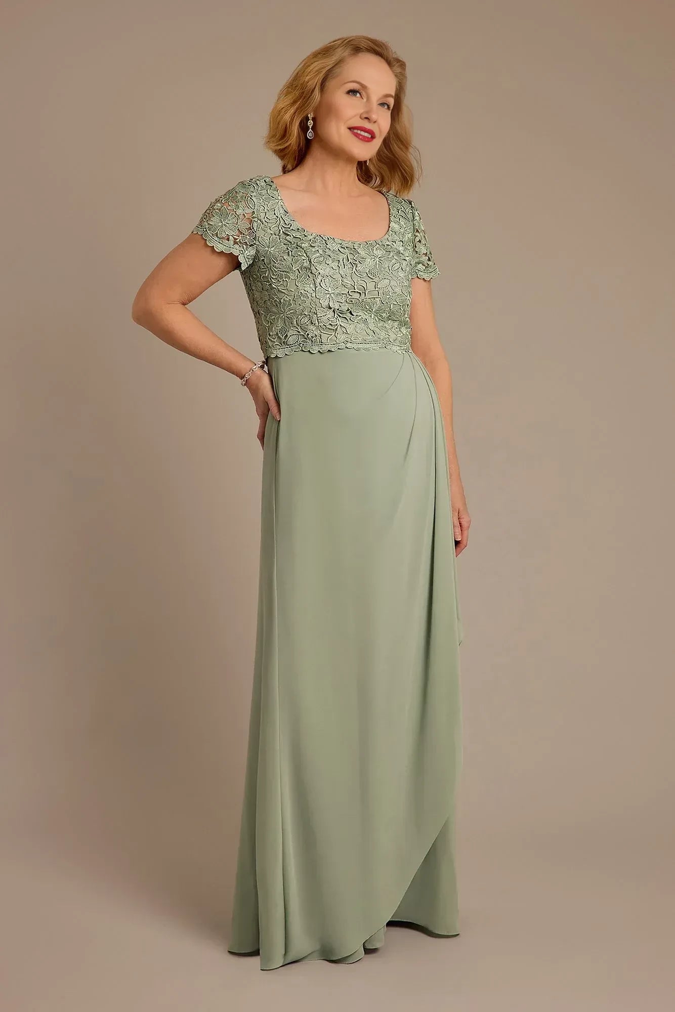 Elegant A Line Square Neck Short Sleeve Lace Back Floor Length Mother of the Bride Dress