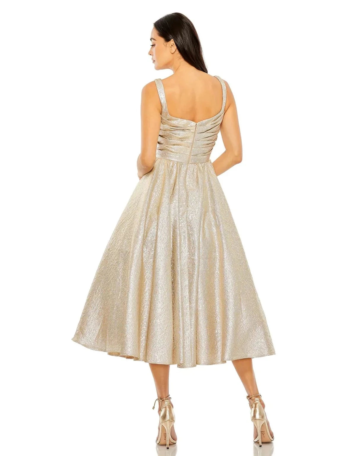 Elegant A-Line Square-Neck Sleeveless Ruched-Back Tea-Length Prom Dress