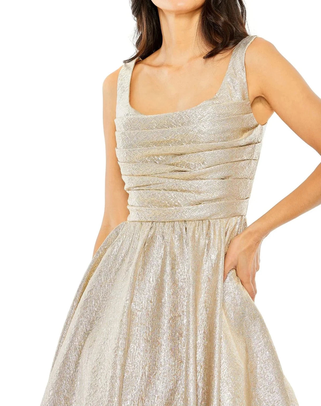 Elegant A-Line Square-Neck Sleeveless Ruched-Back Tea-Length Prom Dress