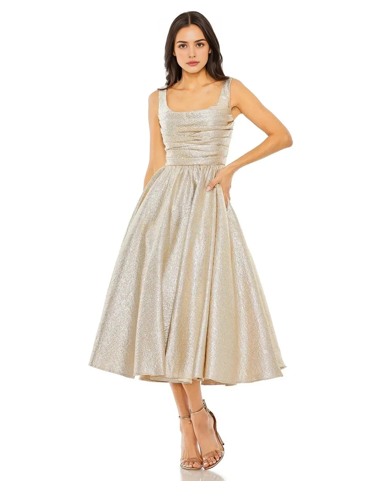 Elegant A-Line Square-Neck Sleeveless Ruched-Back Tea-Length Prom Dress
