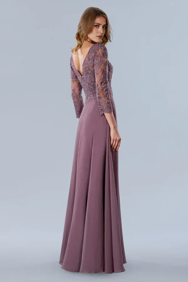Elegant A-Line V-Neck 3/4-Sleeve Open-Back Floor-Length Prom Dress