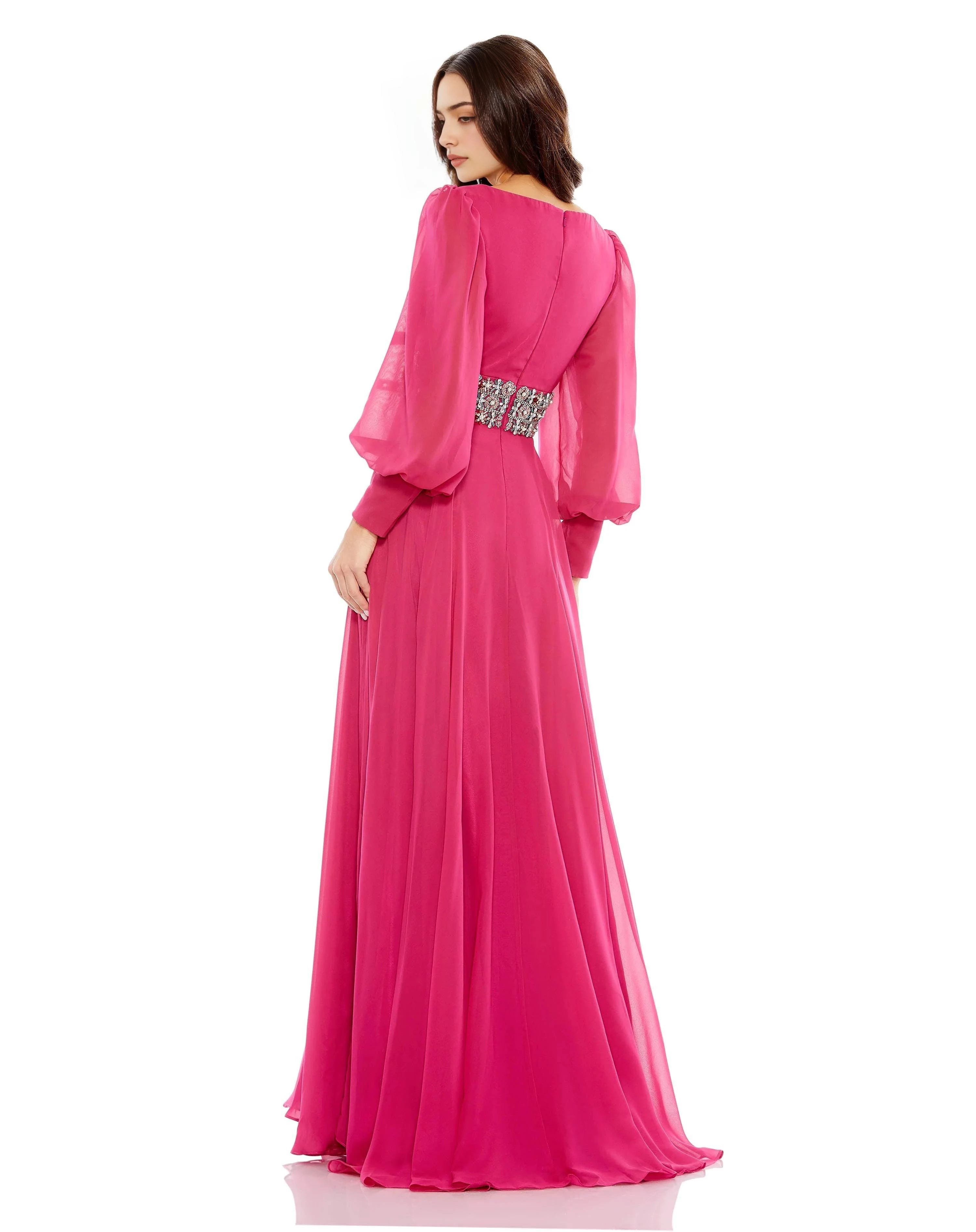 Elegant A-Line V Neck Long Sleeve Zipper Back Floor Length Prom Dress