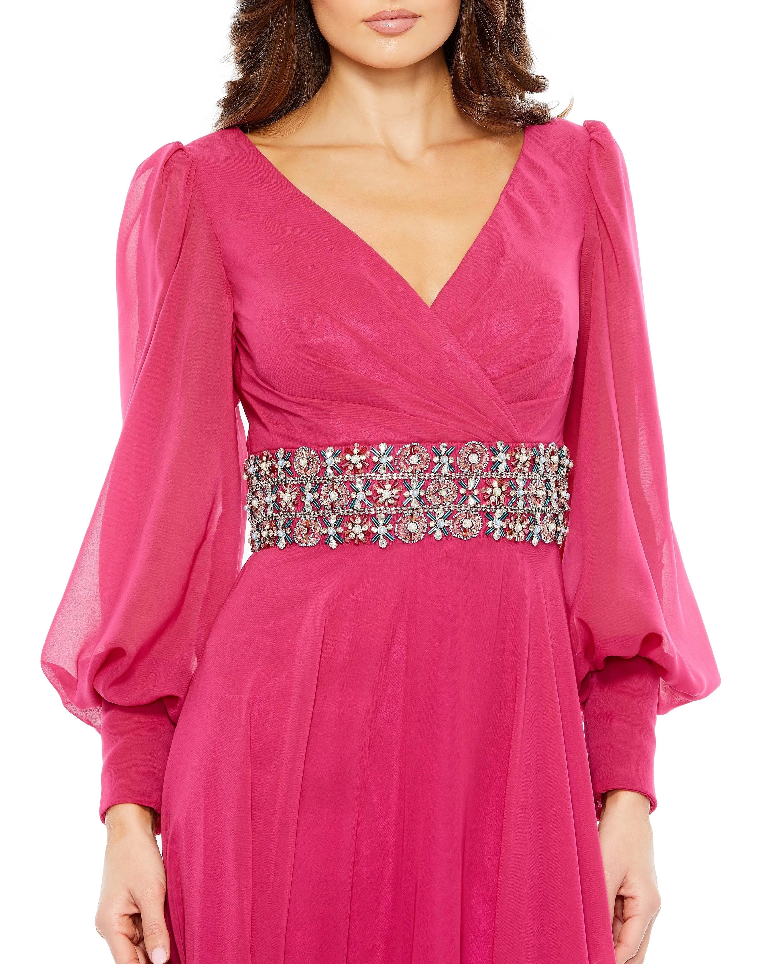 Elegant A-Line V Neck Long Sleeve Zipper Back Floor Length Prom Dress