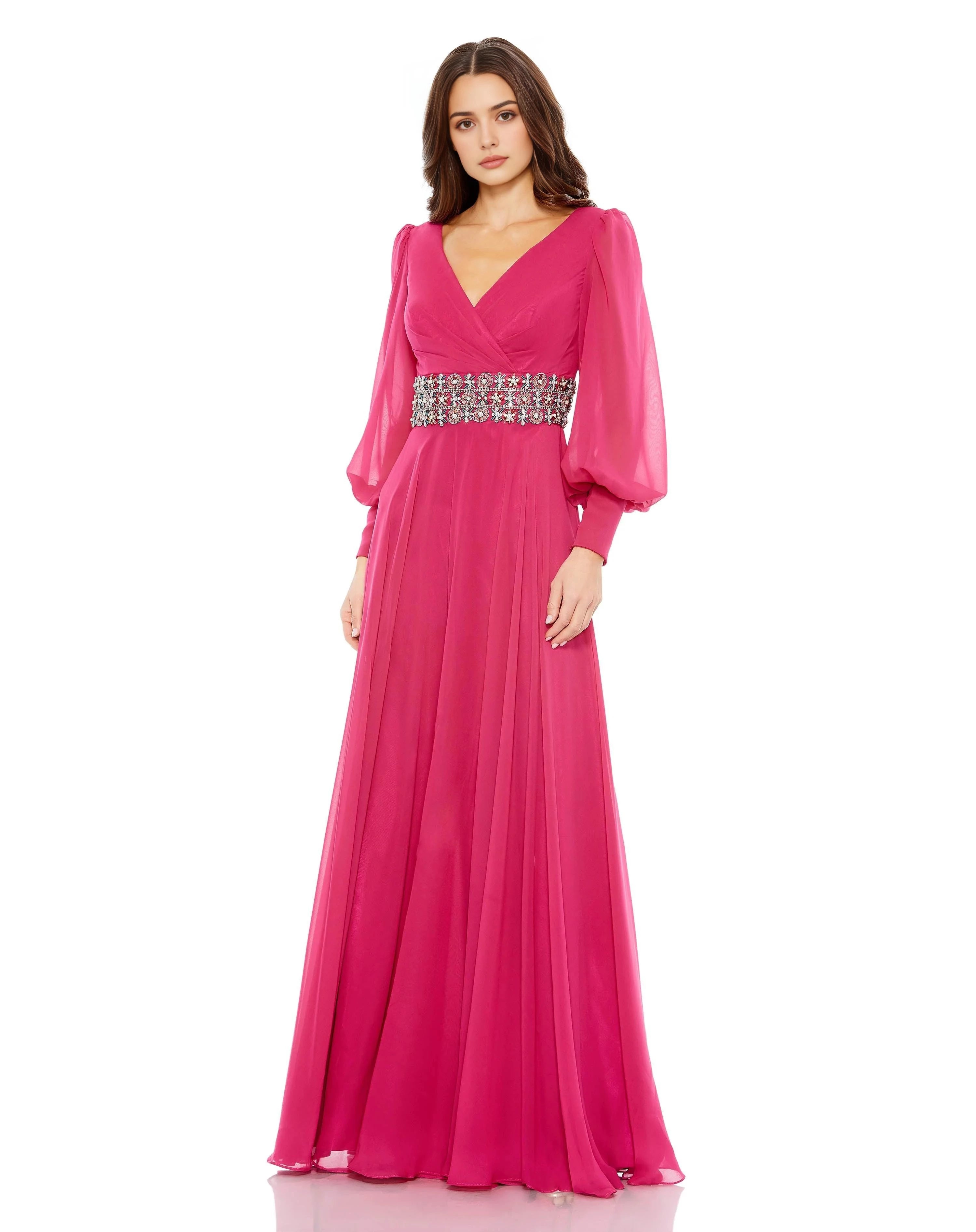Elegant A-Line V Neck Long Sleeve Zipper Back Floor Length Prom Dress