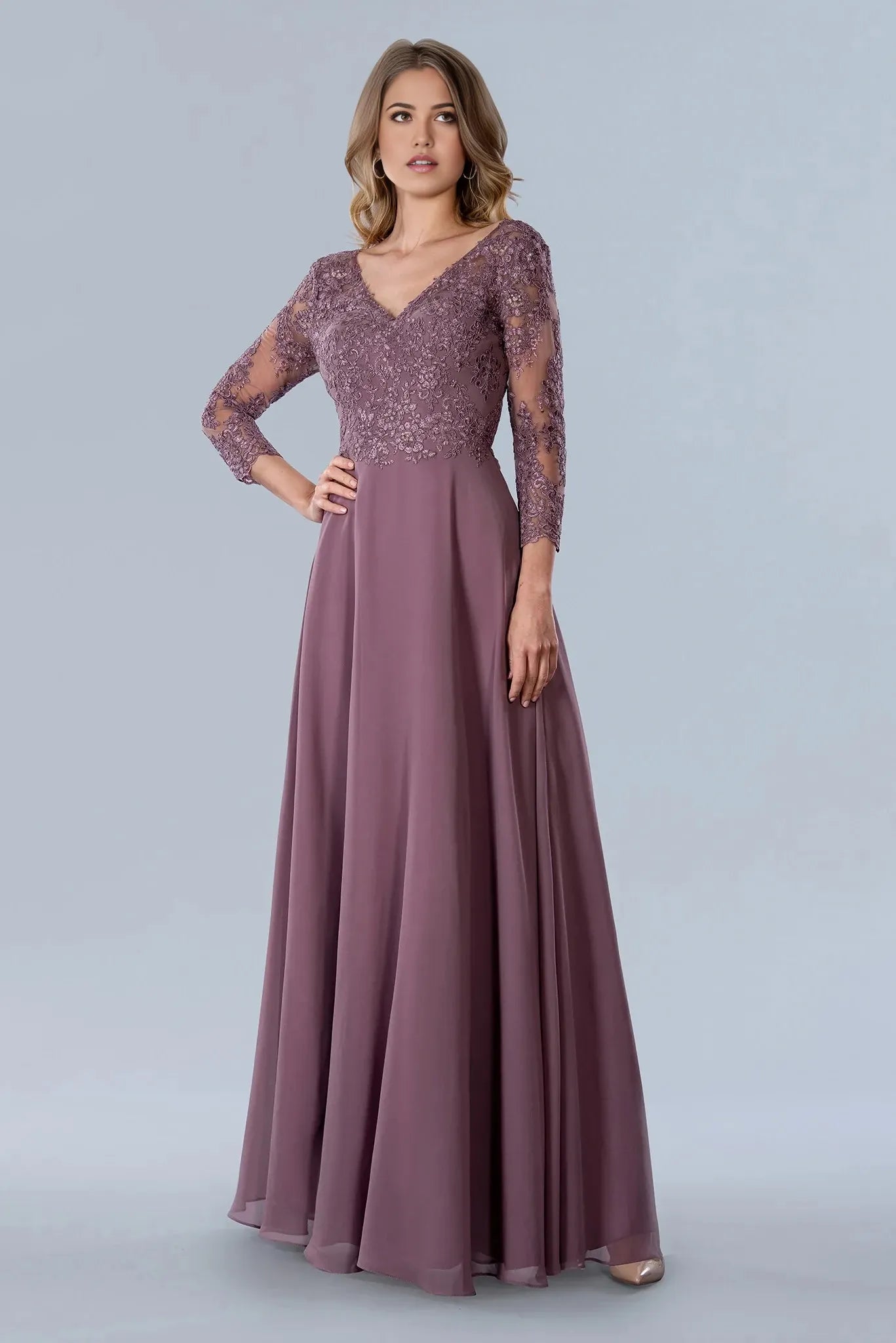 Elegant A-Line V-Neck Sheer Long Sleeve Open-Back Floor-Length Prom Dress