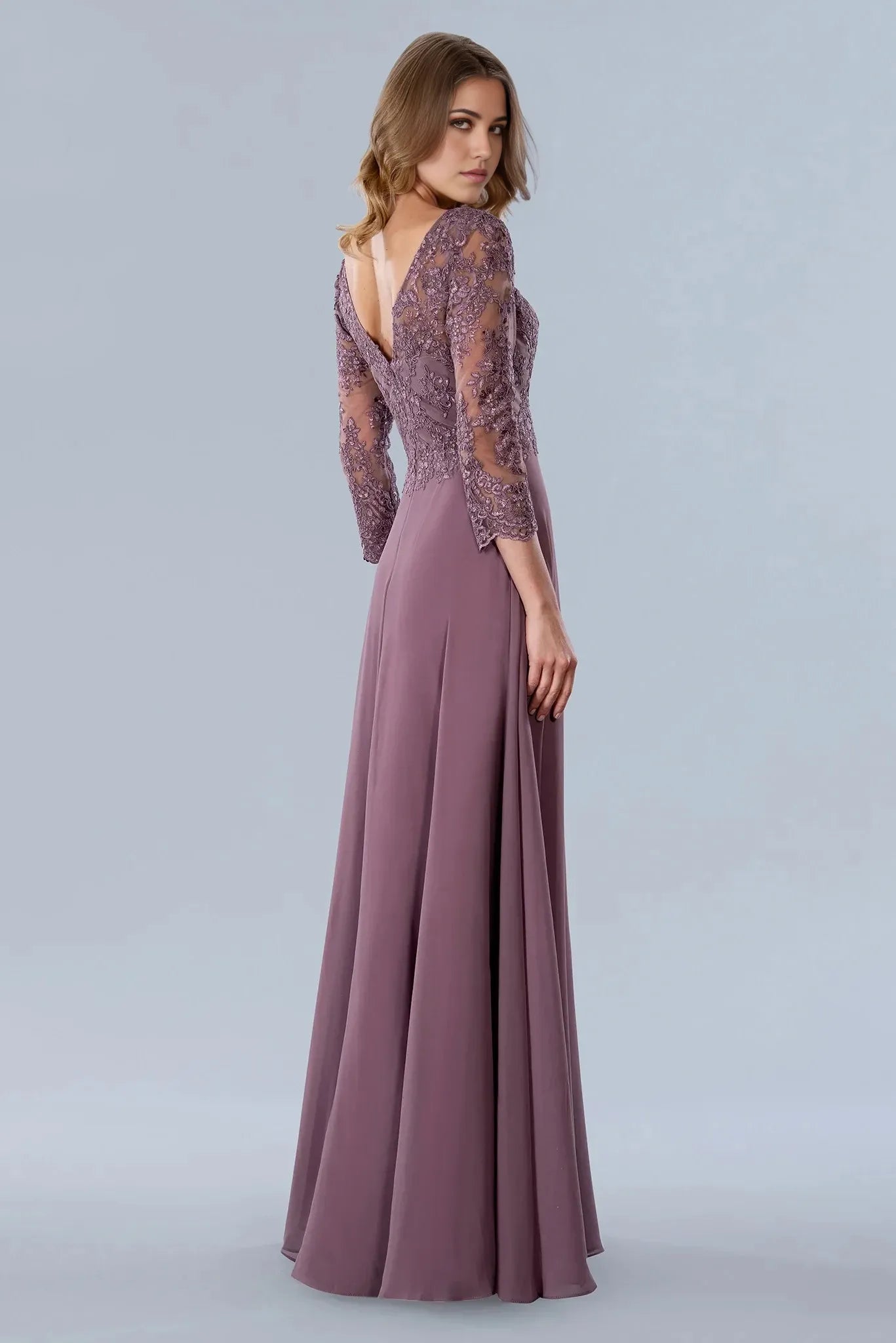 Elegant A-Line V-Neck Sheer Long Sleeve Open-Back Floor-Length Prom Dress