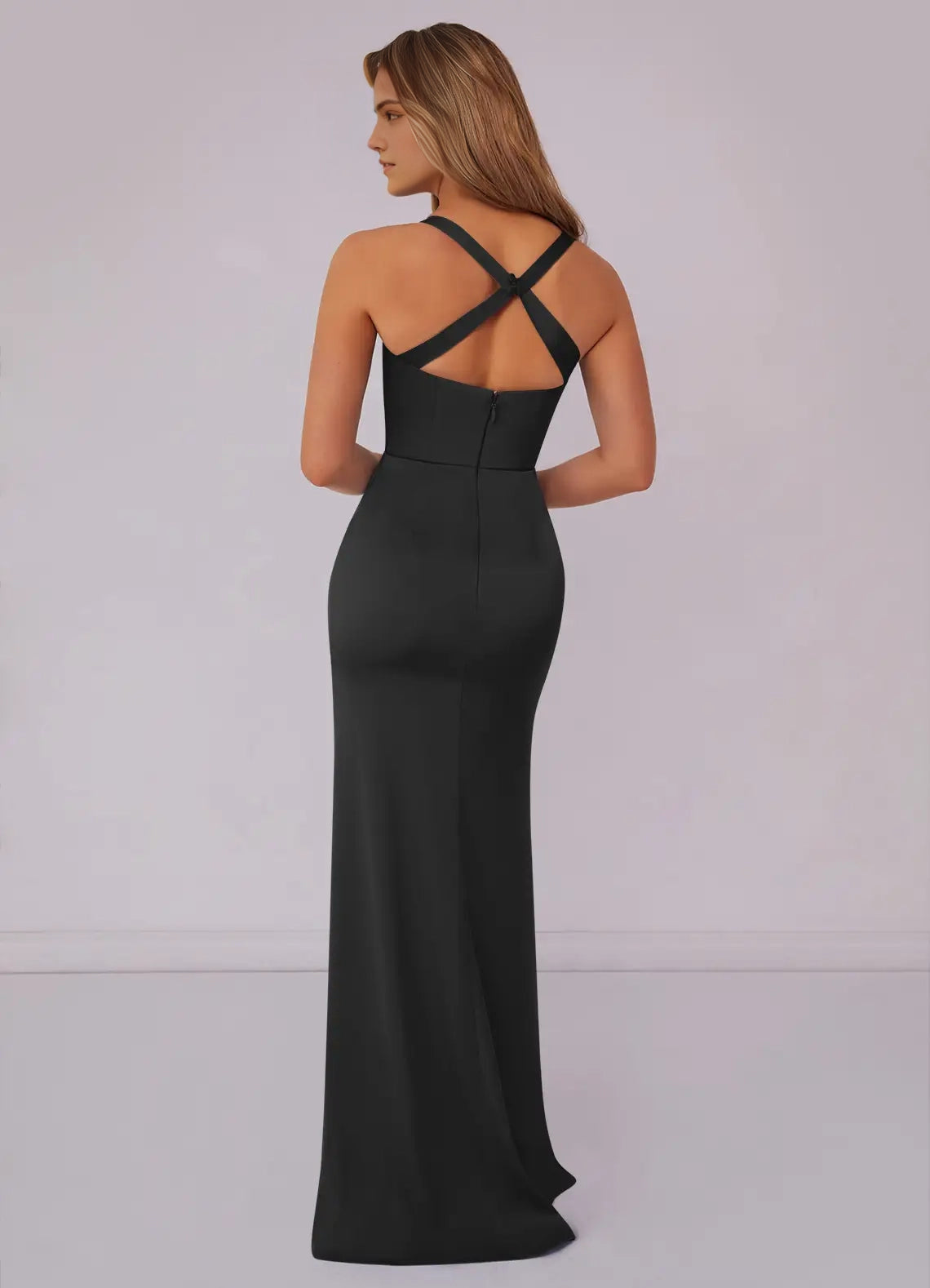 Elegant Black Asymmetrical Neckline Mermaid Evening Gown Mermaid Pleated Stretch Satin Dress Bridesmaid Dresses