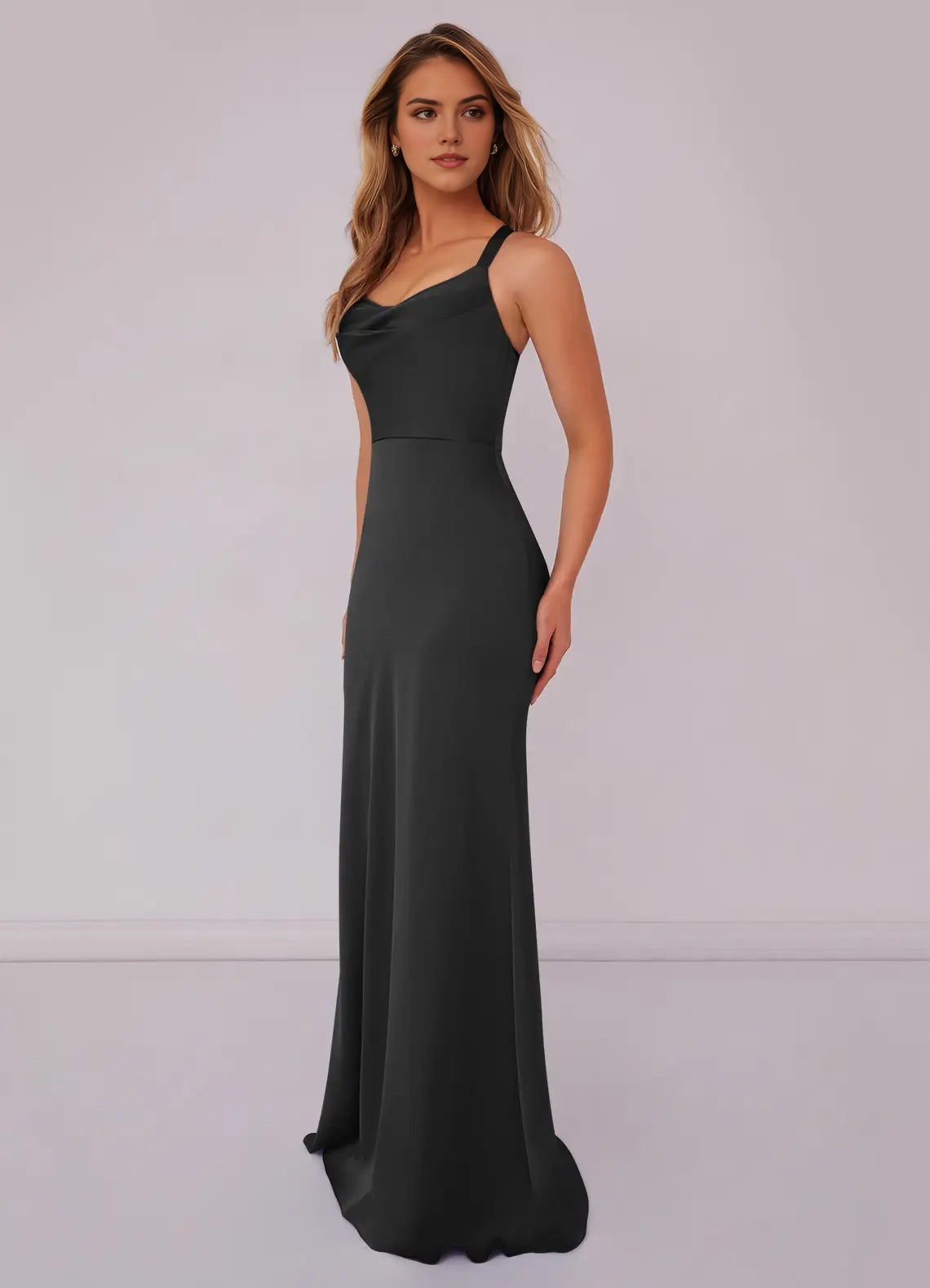 Elegant Black Asymmetrical Neckline Mermaid Evening Gown Mermaid Pleated Stretch Satin Dress Bridesmaid Dresses