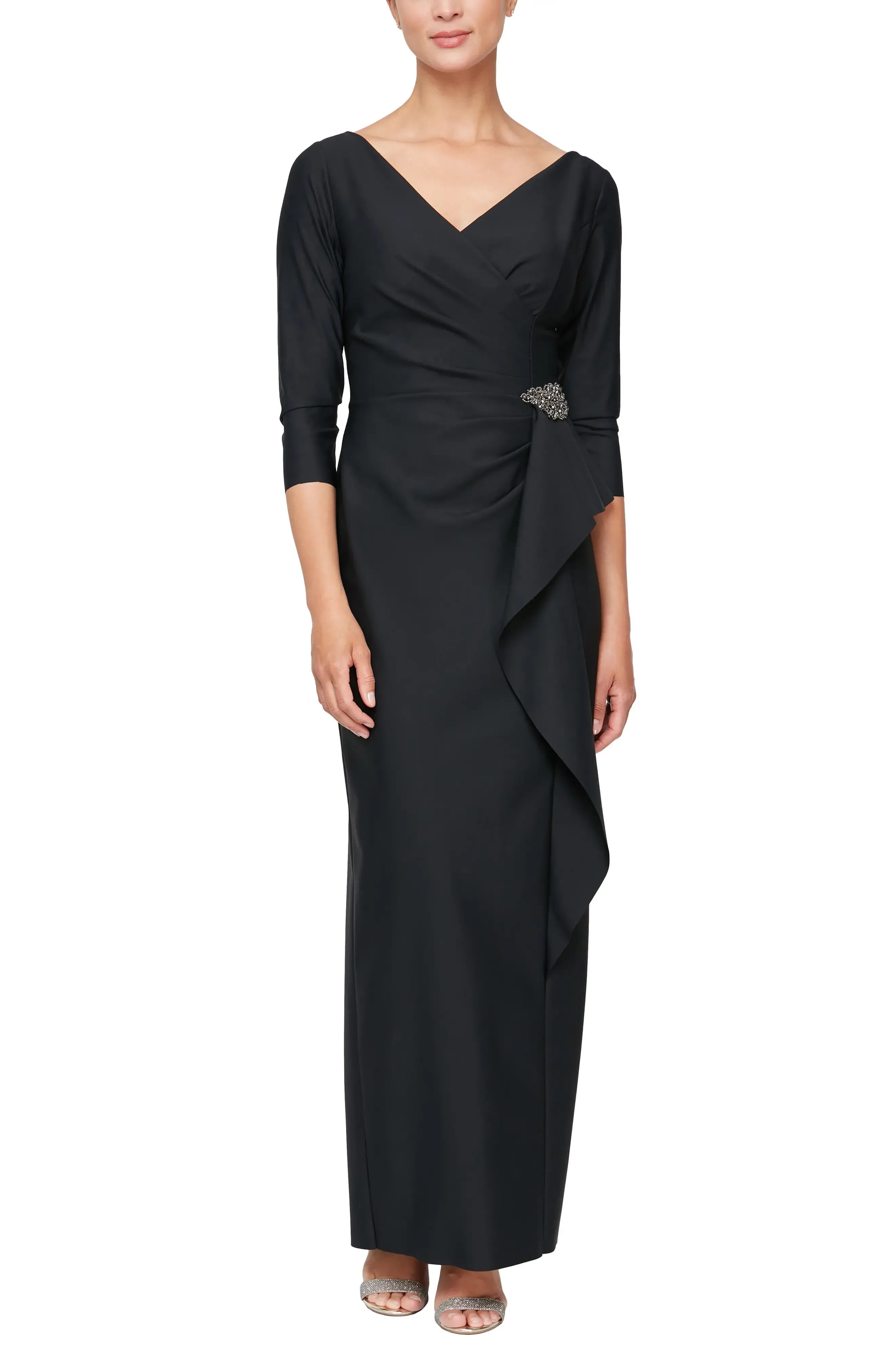Elegant Draped Sheath V Neck Three Quarter Sleeve Zipper Back Floor Length Female Prom Dress