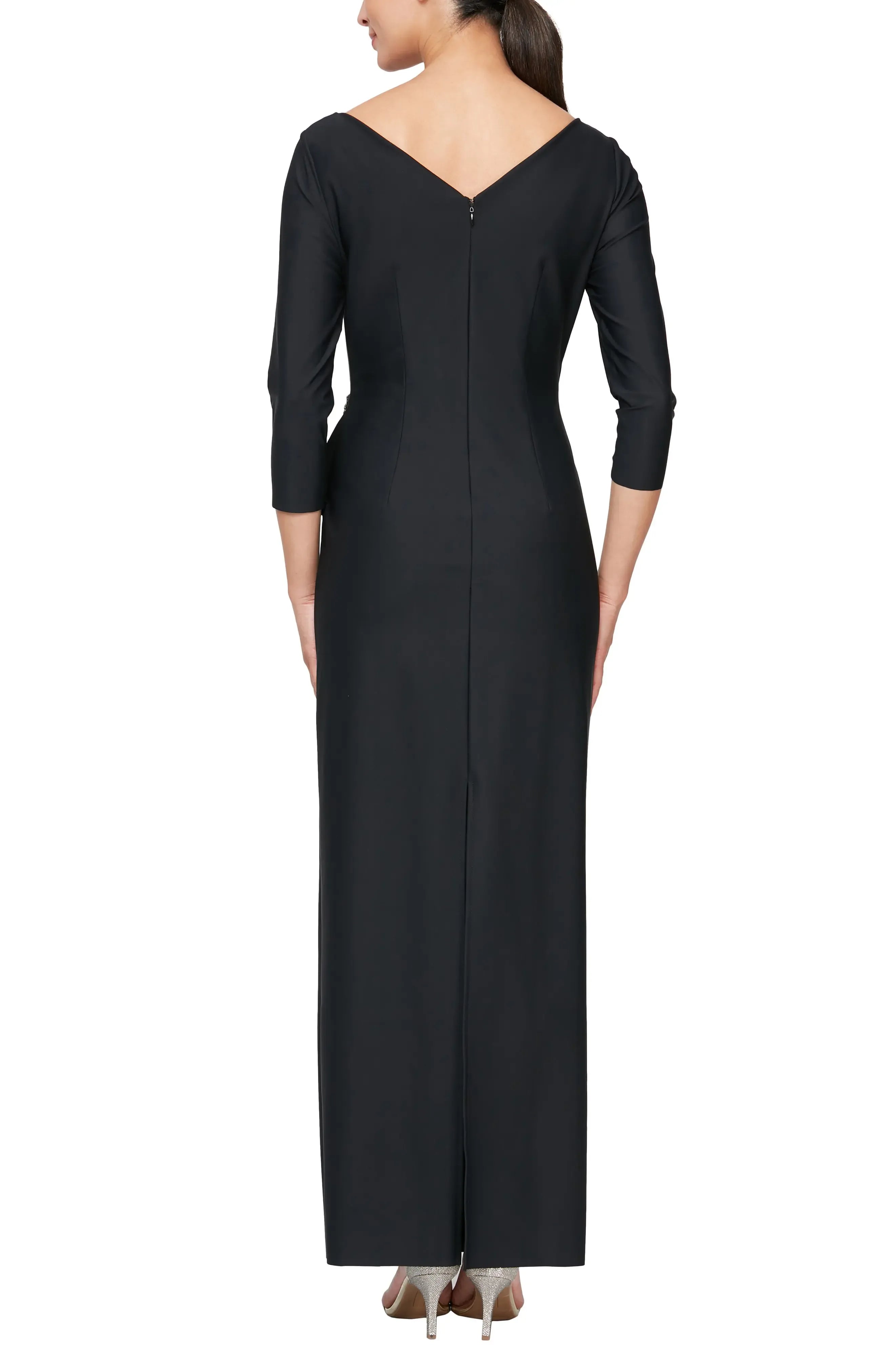 Elegant Draped Sheath V Neck Three Quarter Sleeve Zipper Back Floor Length Female Prom Dress
