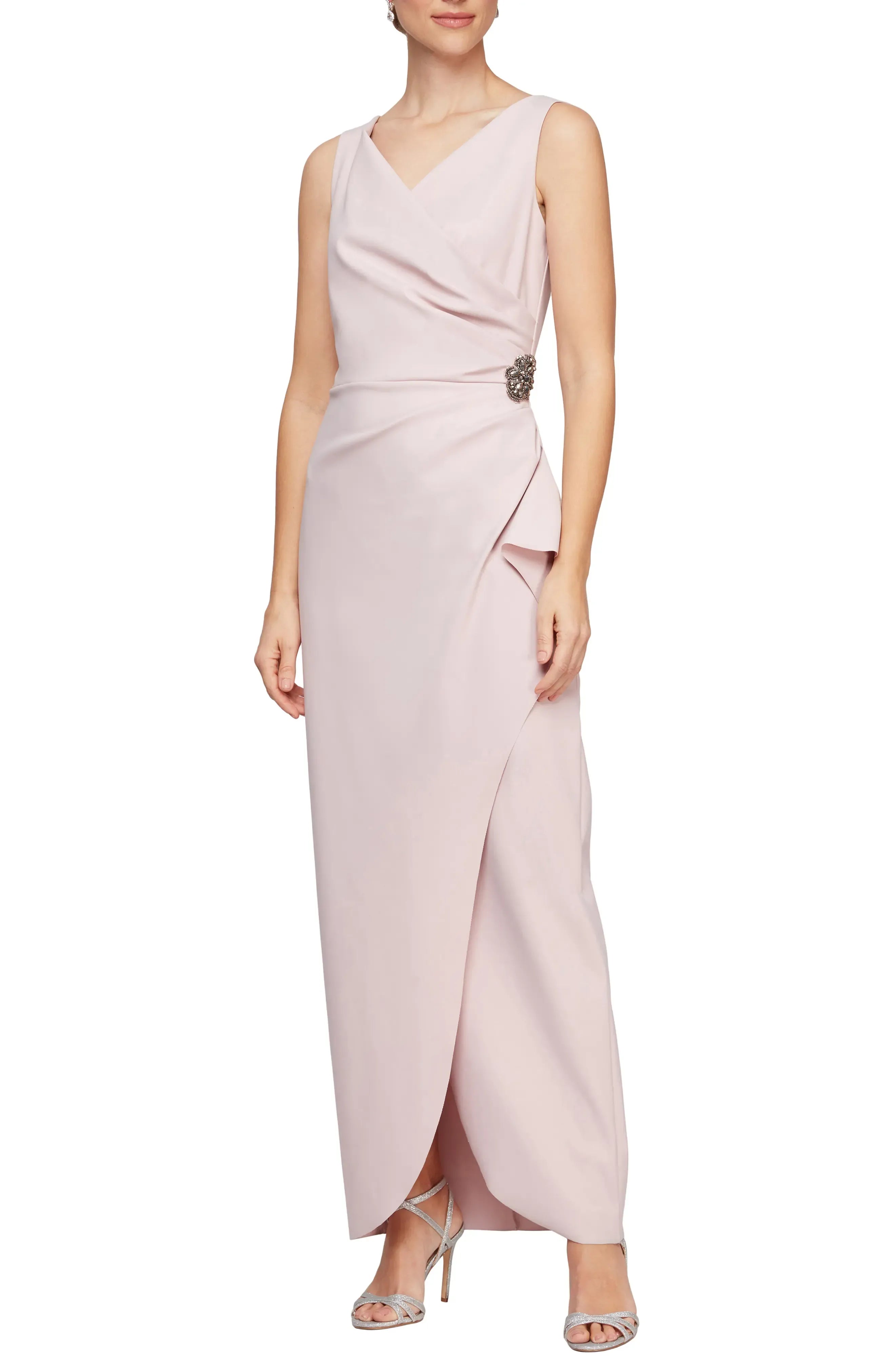 Elegant Draped V Neck Sleeveless Beaded Accent Zipper Back Floor Length Hot Sale Prom Dress