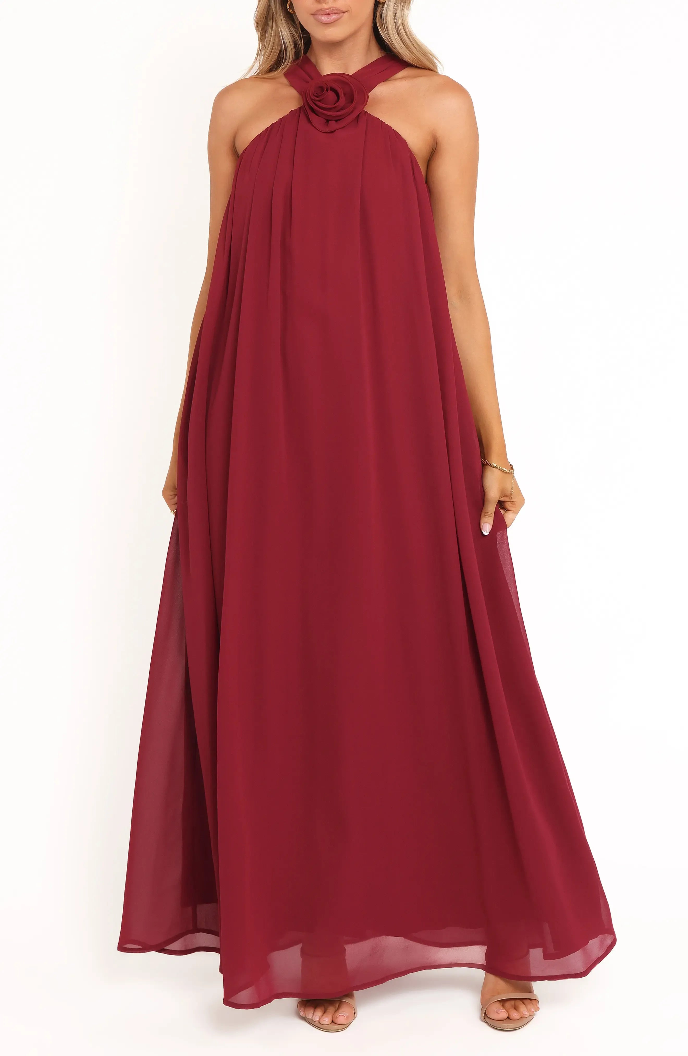 Elegant Flowy Halter Sleeveless Keyhole Back Maxi For Sale Prom Dress