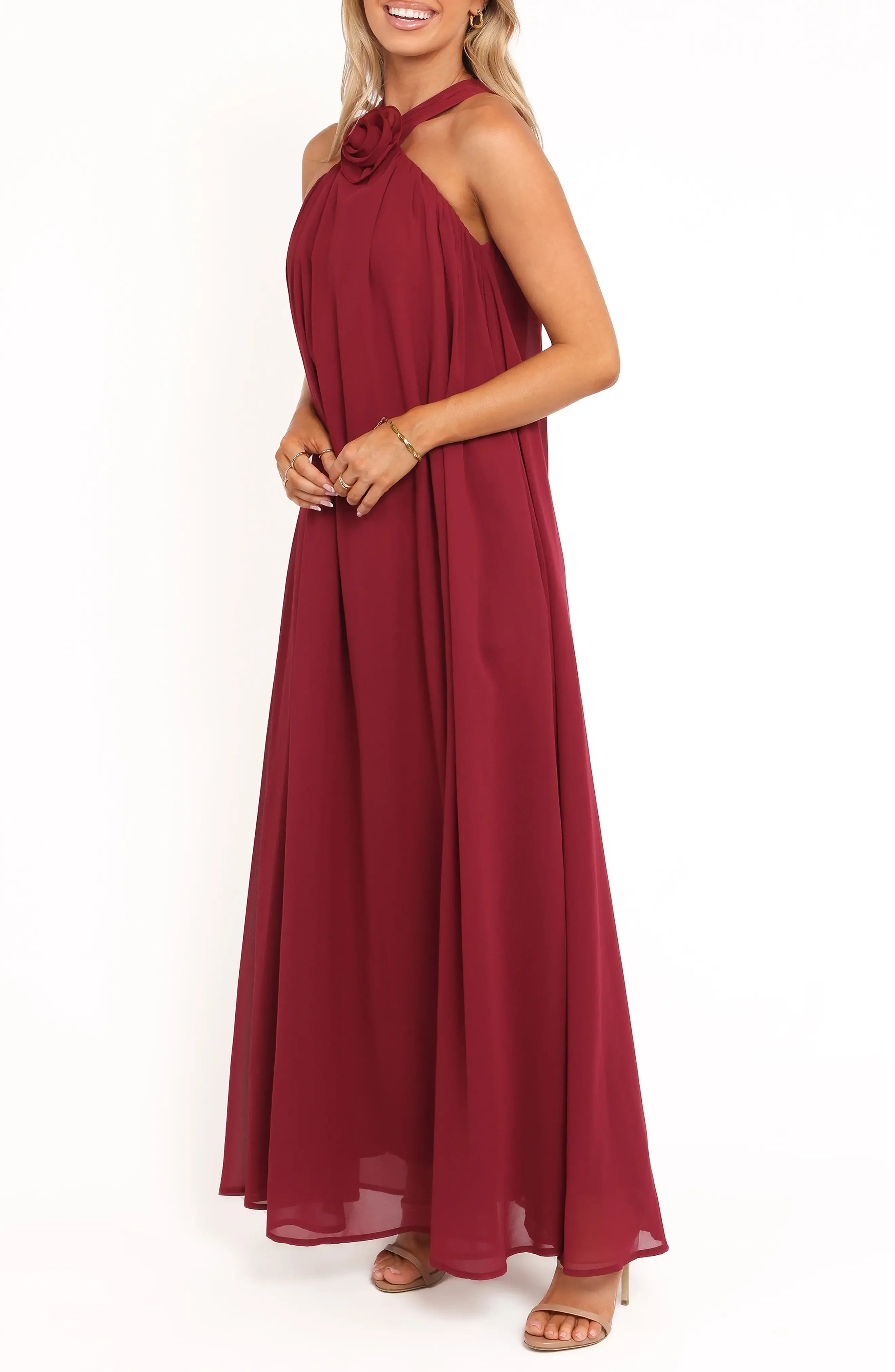 Elegant Flowy Halter Sleeveless Keyhole Back Maxi For Sale Prom Dress