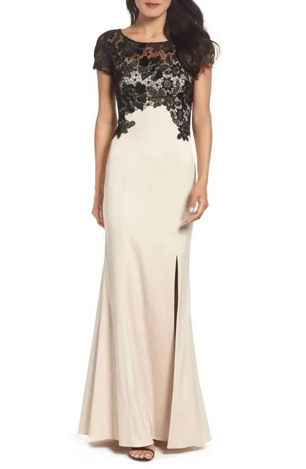 Elegant Mermaid Bateau-Neck Short-Sleeve Zipper-Back Floor-Length Lace Prom Dress