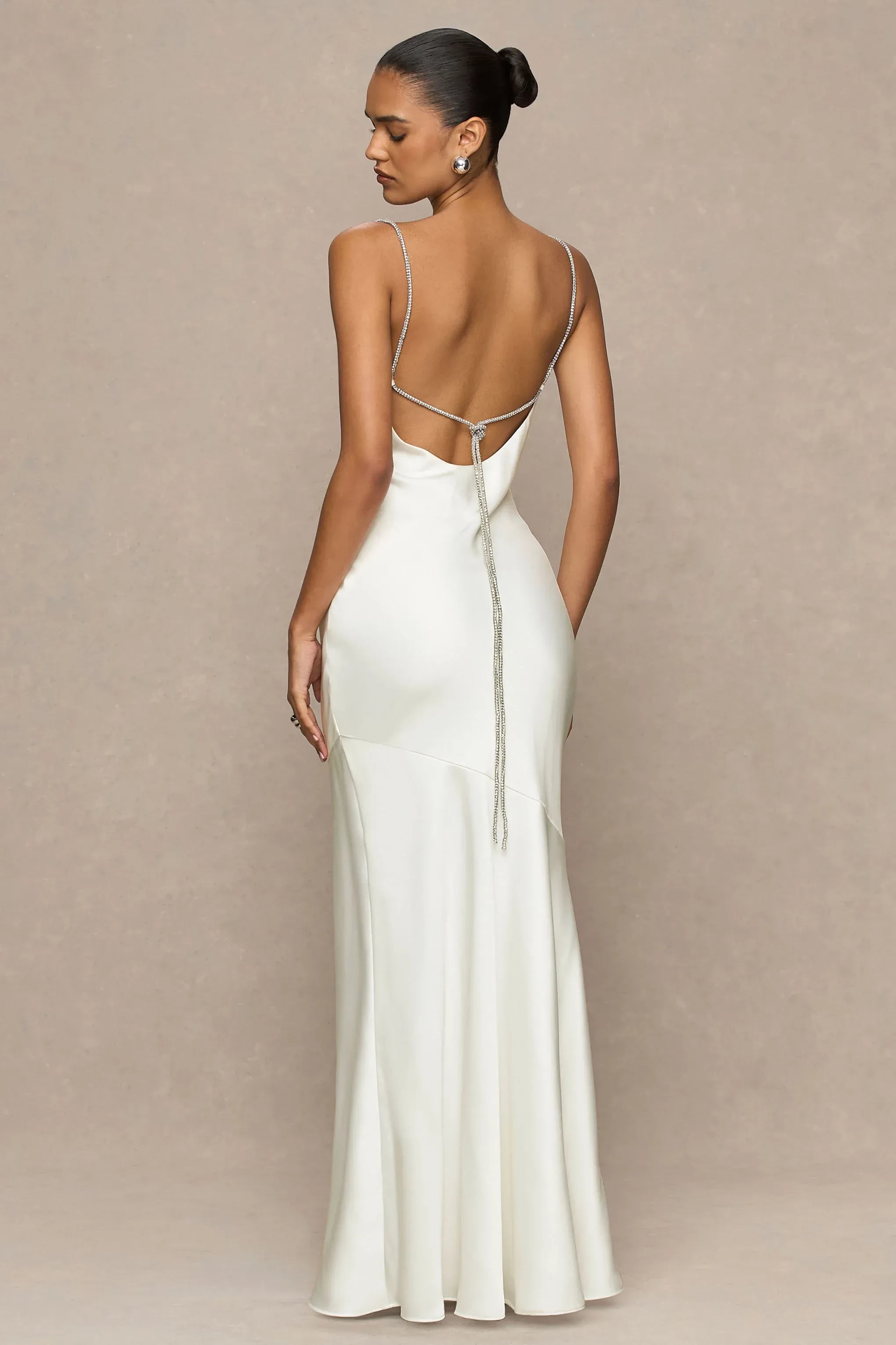 Elegant Mermaid Cowl Neck Sleeveless Crystal Strap Open Back Floor Length Prom Dress