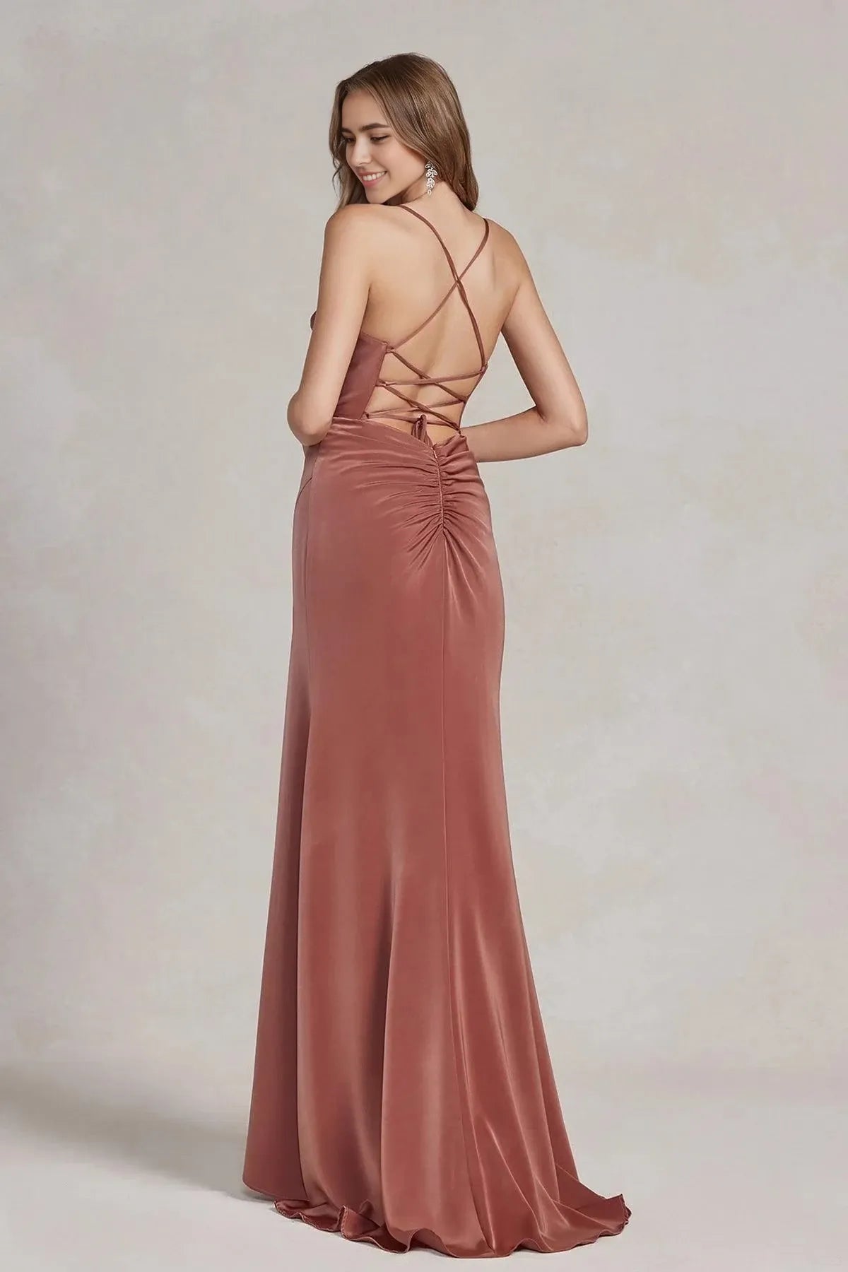 Elegant Mermaid Cowl-Neck Sleeveless Lace-Up-Back Floor-Length Satin Prom Dress