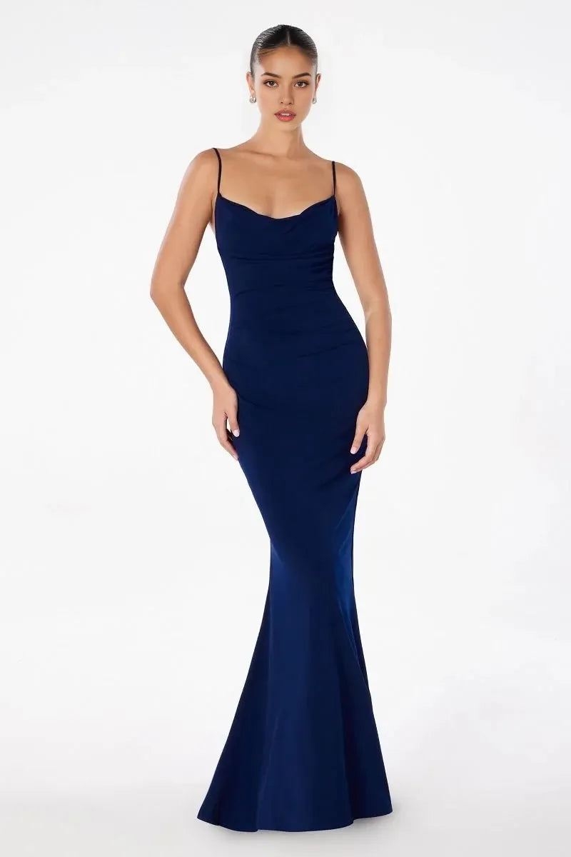 Elegant Mermaid Cowl Neck Spaghetti Strap Cowl Back Floor Length Prom Dress
