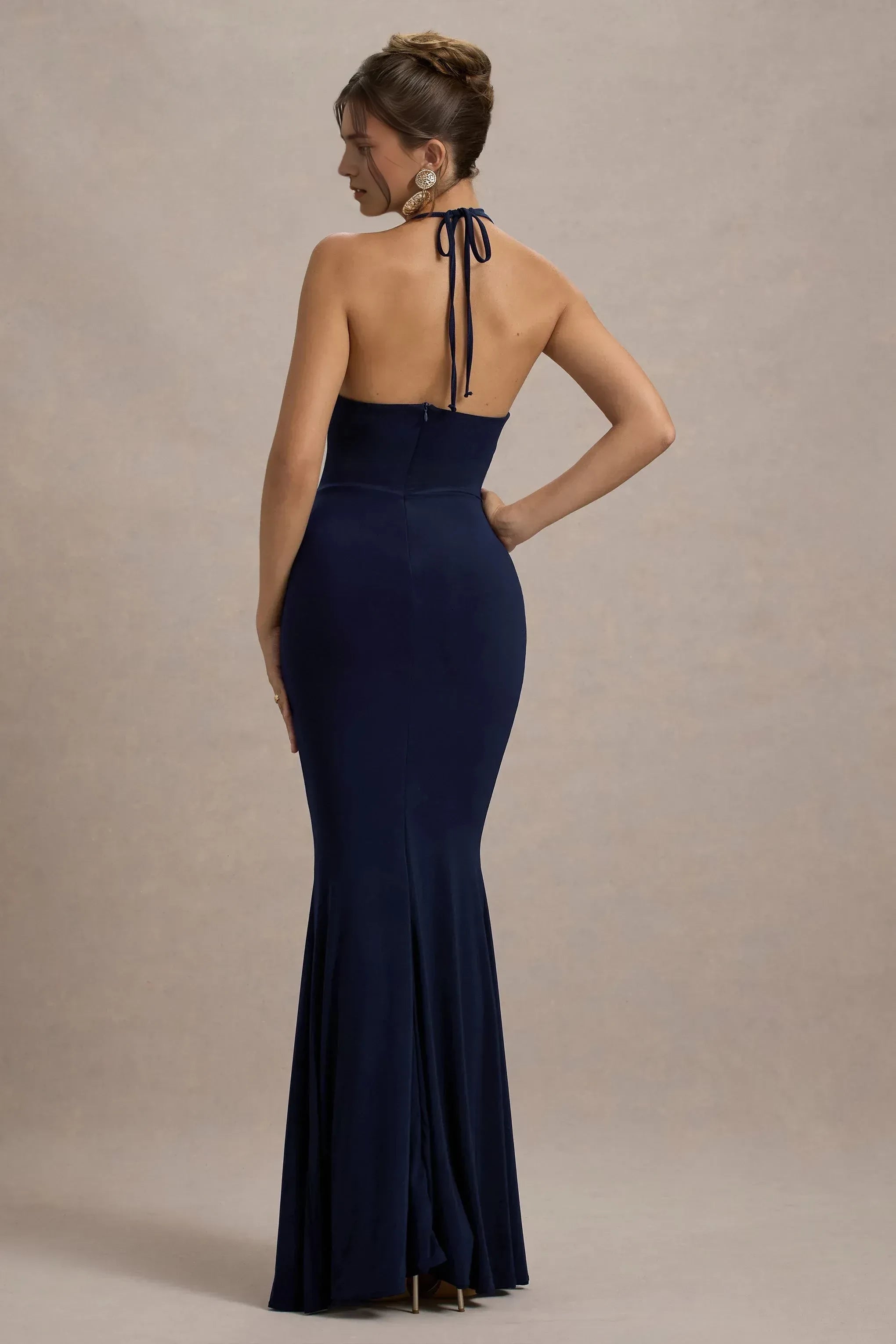 Elegant Mermaid Halter Neck Sleeveless Open Back Ruffled High Slit Floor Length Prom Dress