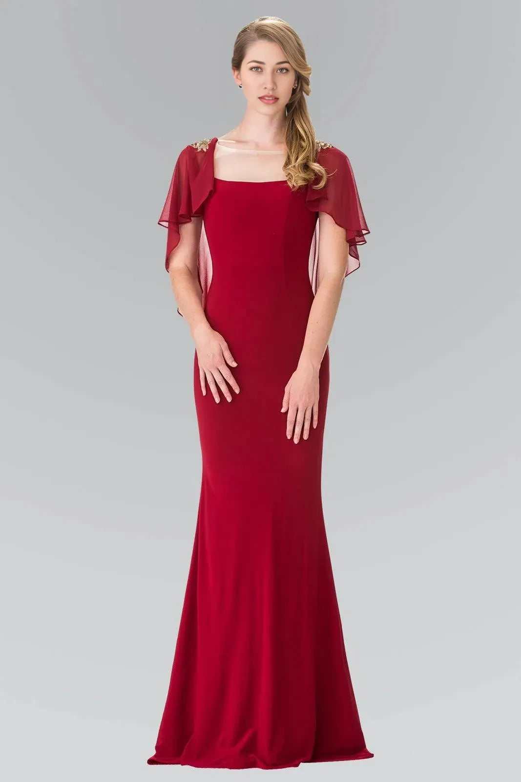 Elegant Mermaid Illusion Neck Cape Sleeve Open Back Floor Length Prom Dress