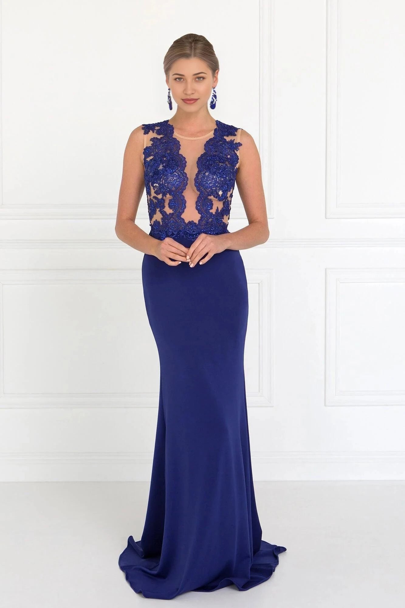 Elegant Mermaid Illusion Neck Sleeveless Zipper Back Train Floor Length Prom Dress
