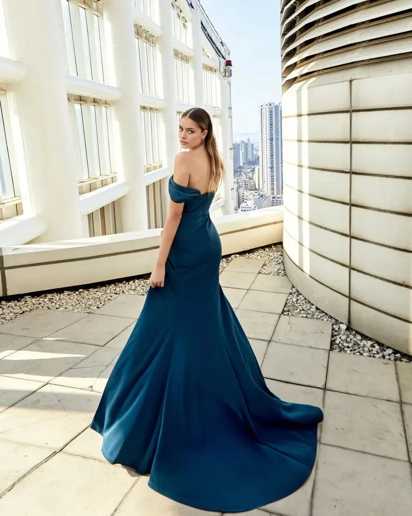 Elegant Mermaid Off Shoulder Asymmetric Sleeve Open Back Train Floor Length Prom Dress