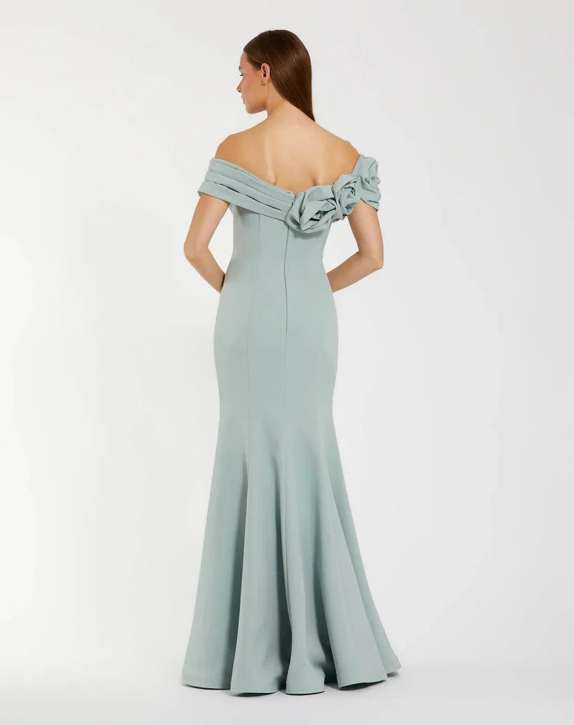 Elegant Mermaid Off-Shoulder Rosette Sleeve Zipper Back Floor Length Prom Dress