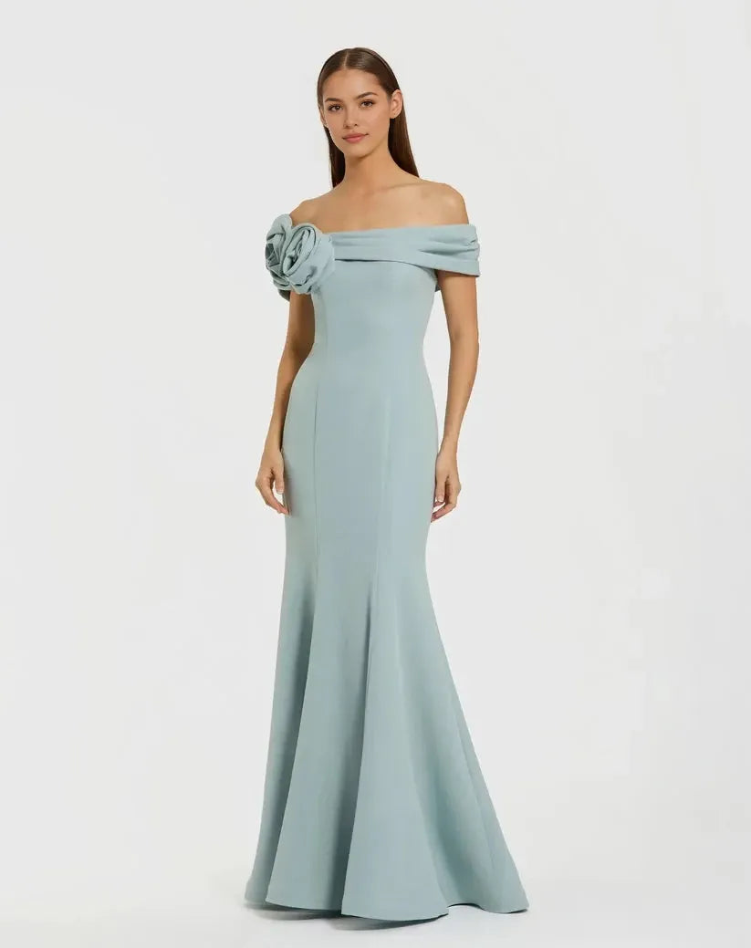 Elegant Mermaid Off-Shoulder Rosette Sleeve Zipper Back Floor Length Prom Dress