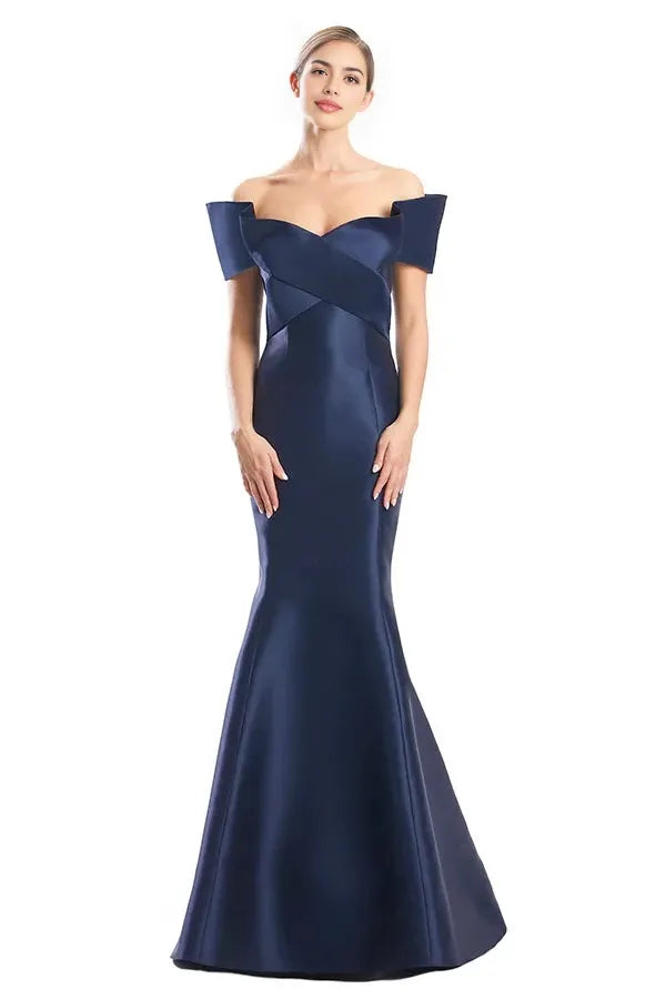 Elegant Mermaid Off Shoulder Short Sleeve Button Back Floor Length Prom Dress