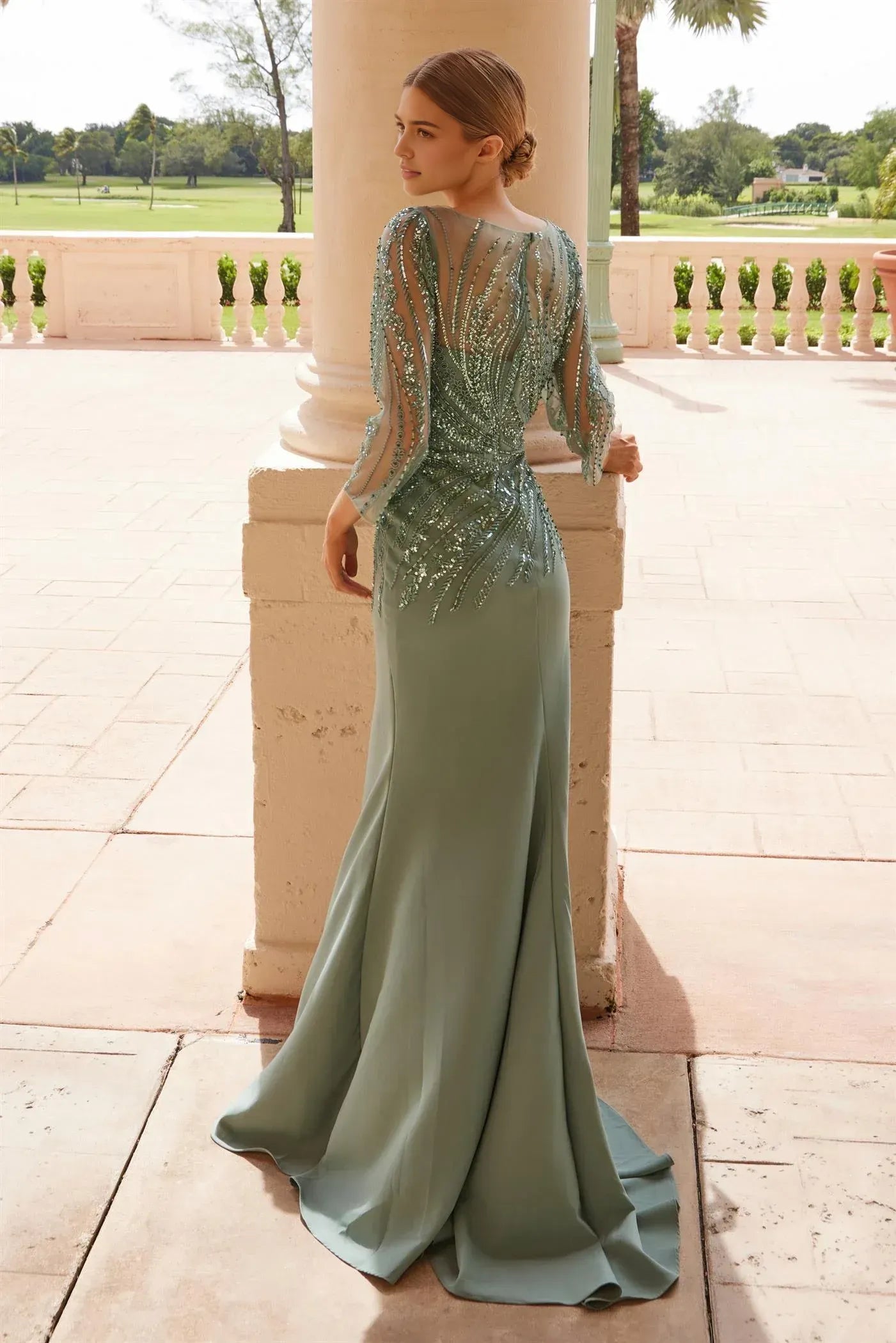Elegant Mermaid Scoop Neck Three Quarter Sheer Sleeve Beaded Back Floor Length Prom Dress