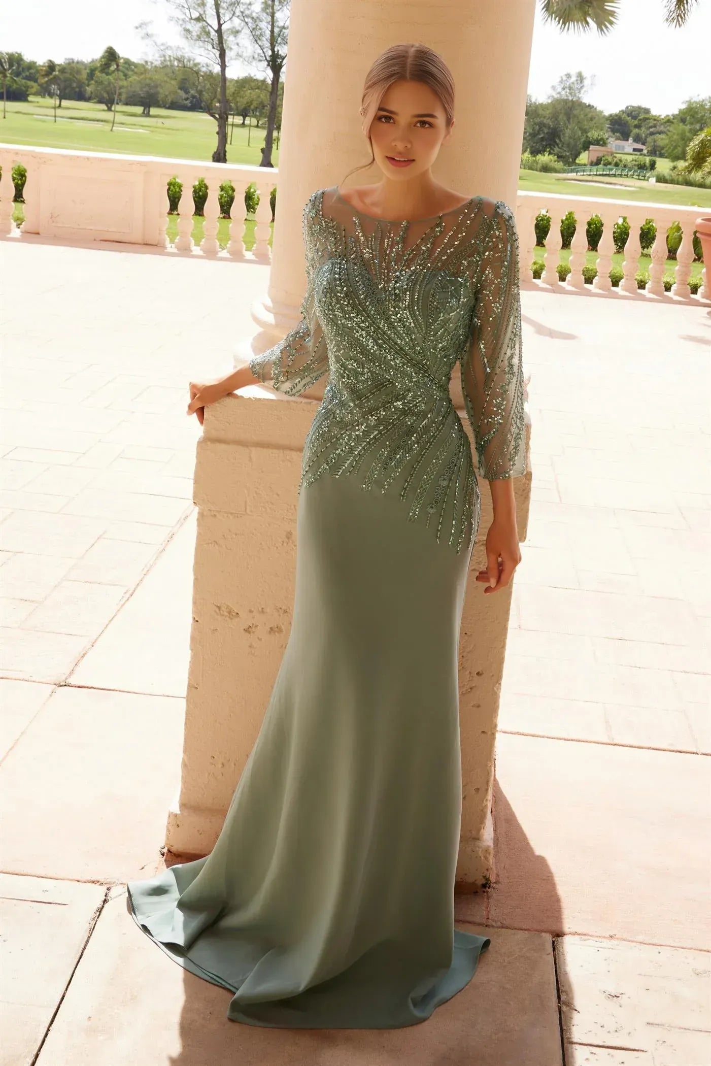Elegant Mermaid Scoop Neck Three Quarter Sheer Sleeve Beaded Back Floor Length Prom Dress