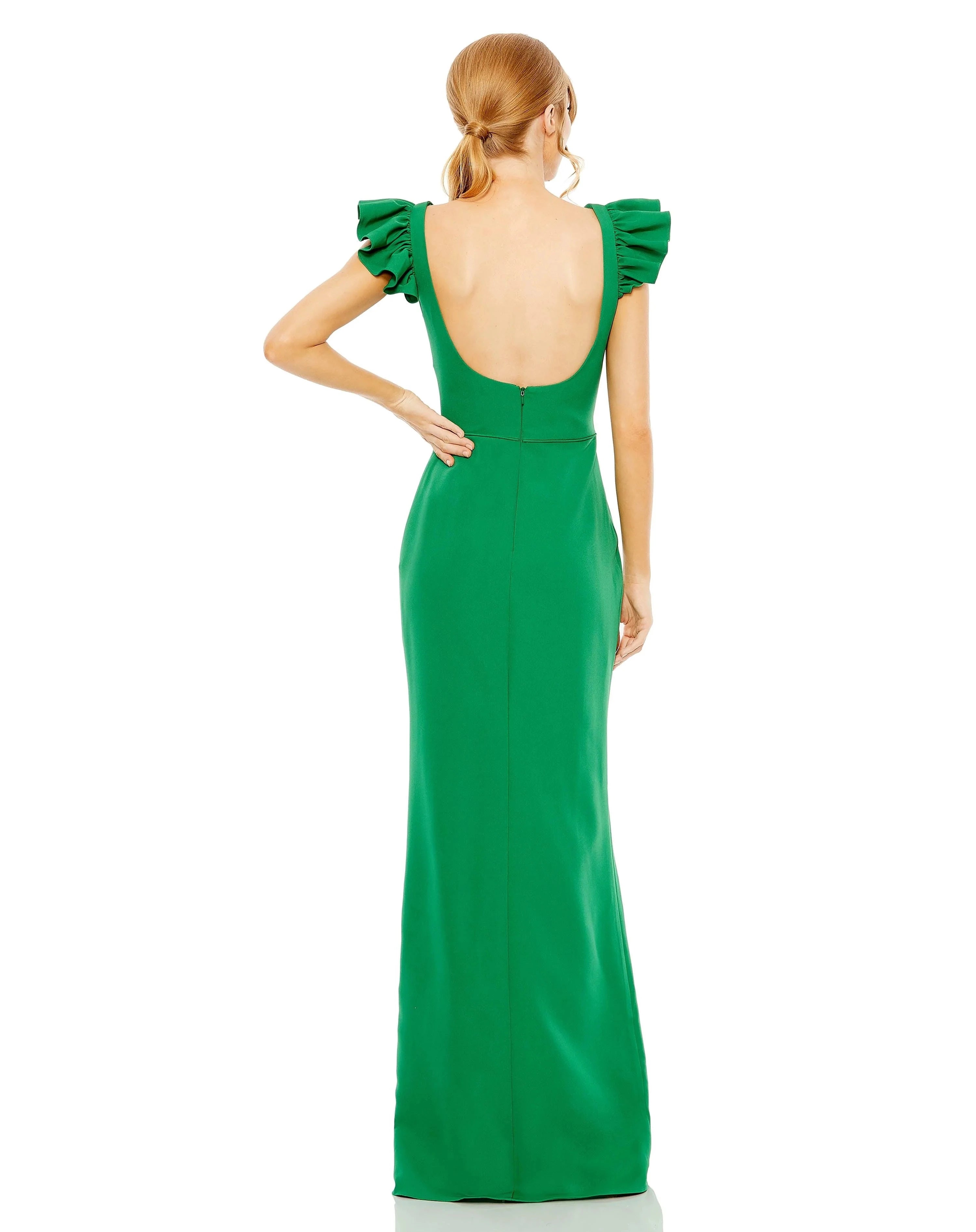 Elegant Mermaid Square-Neck Ruffled-Sleeve Open-Back Floor-Length Prom Dress