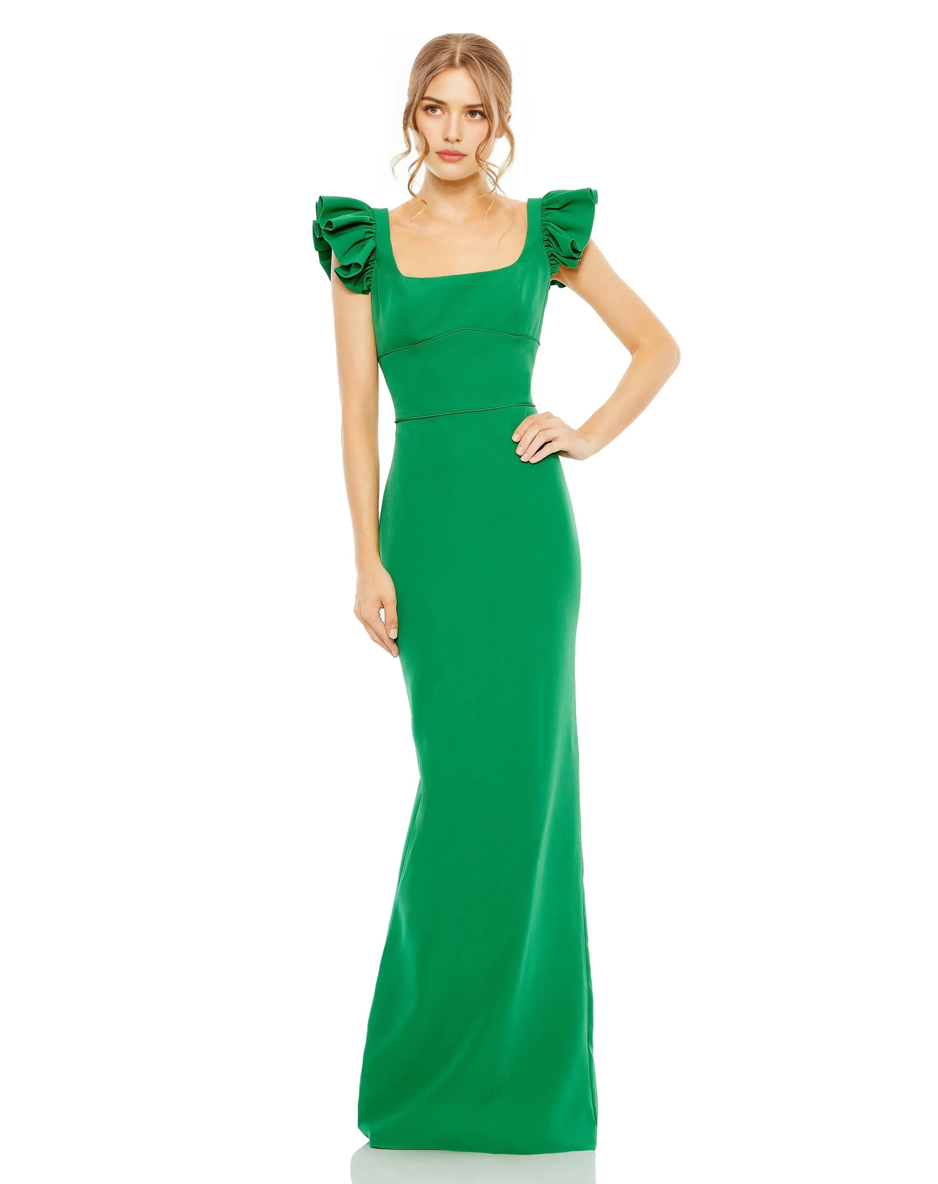 Elegant Mermaid Square-Neck Ruffled-Sleeve Open-Back Floor-Length Prom Dress