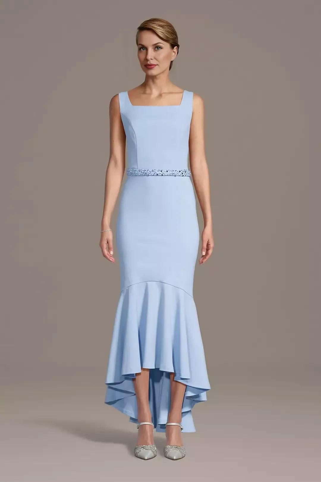 Elegant Mermaid Square Neck Sleeveless Beaded Back High Low Mother of the Bride Dress