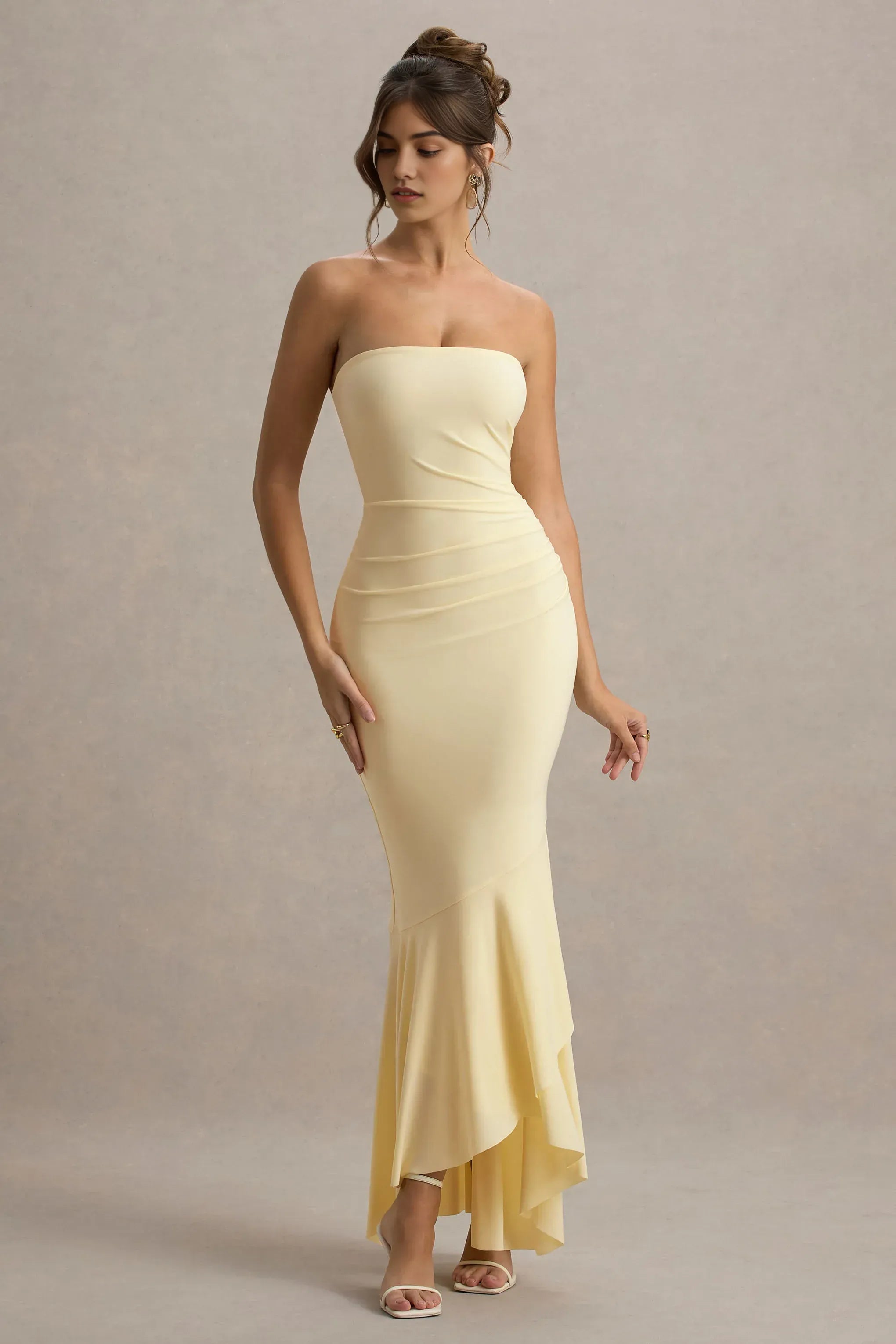 Elegant Mermaid Strapless Sleeveless Ruched Asymmetrical Hem Floor Length Prom Dress
