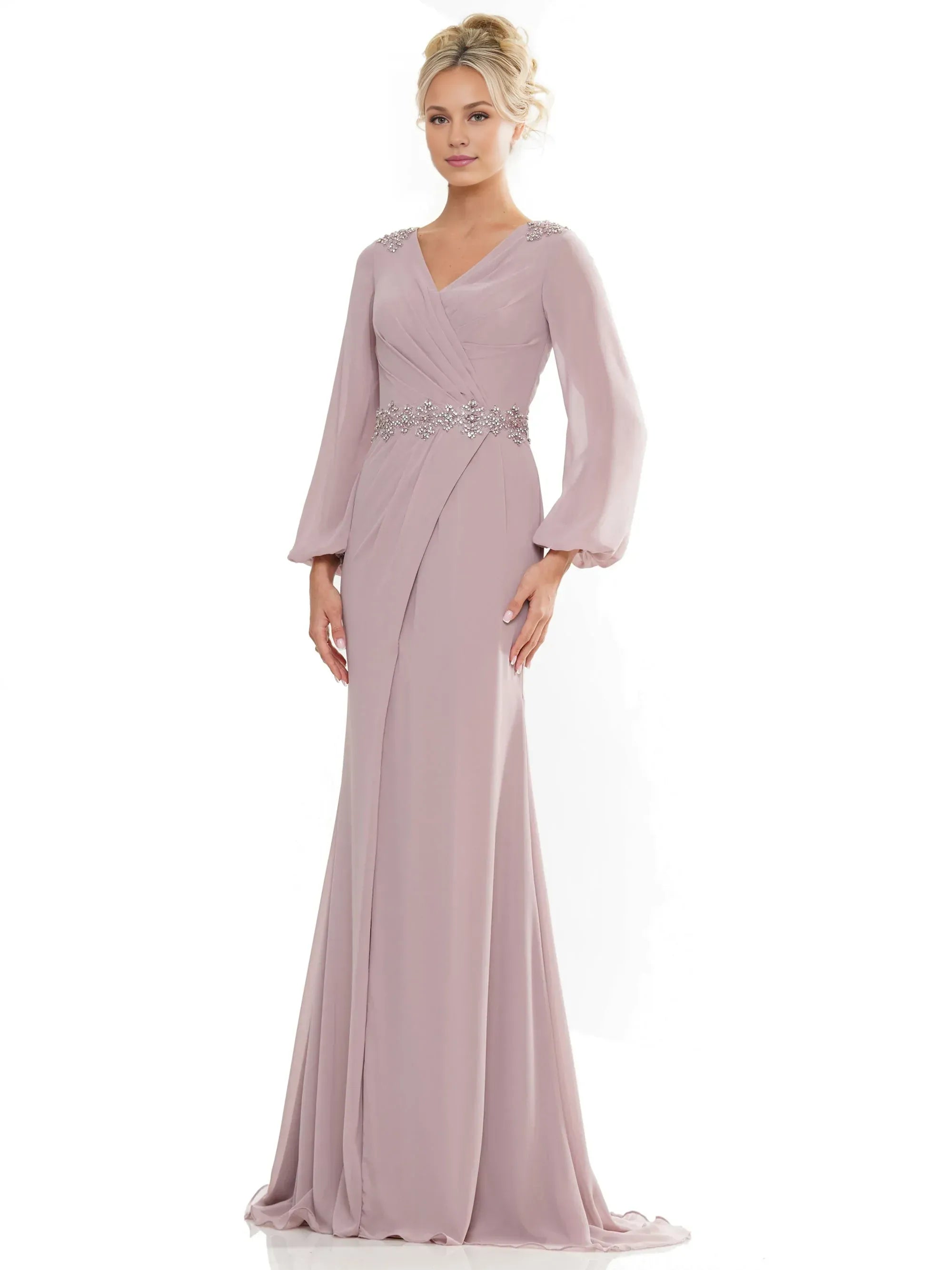 Elegant Mermaid V Neck Puff Sleeve Zipper Back Floor Length Prom Dress